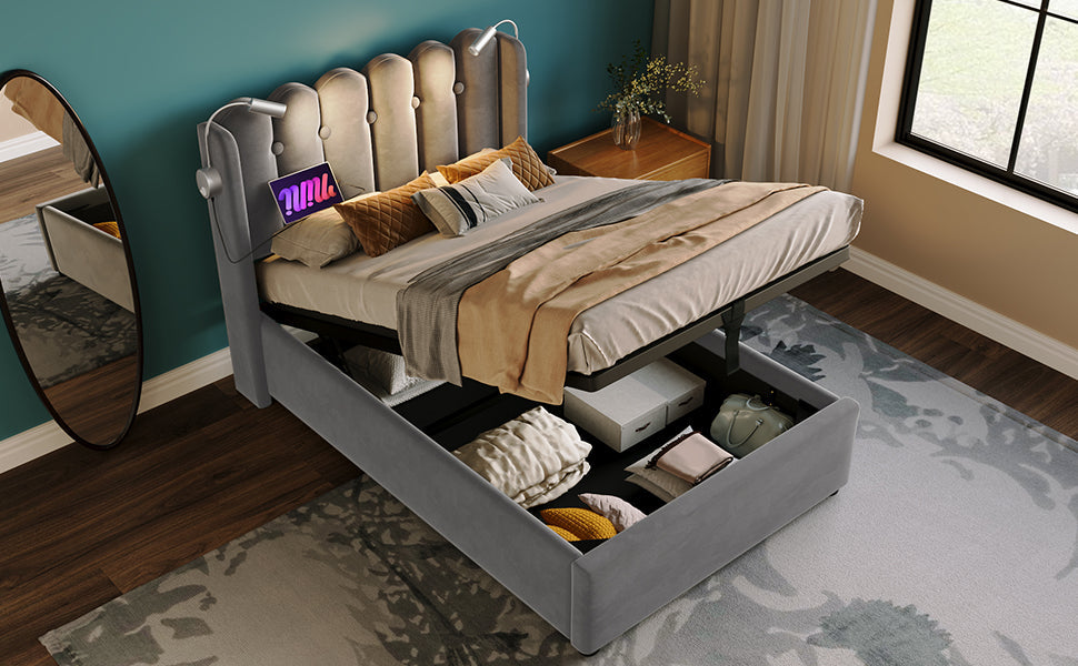 Logidon gestoffeerd bed 90x200 grijs fluweel met leeslampje USB oplaadfunctie