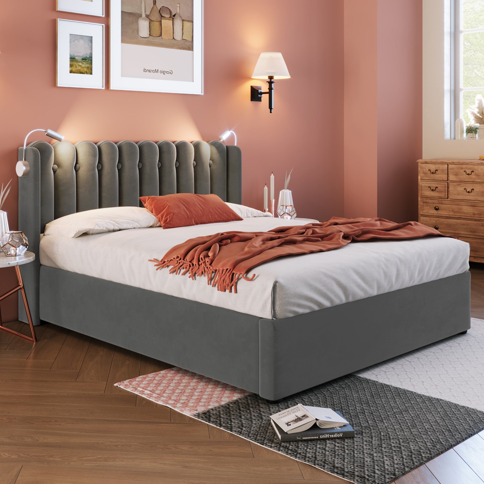 Logidon upholstered bed 140x200 gray with reading light and charging function