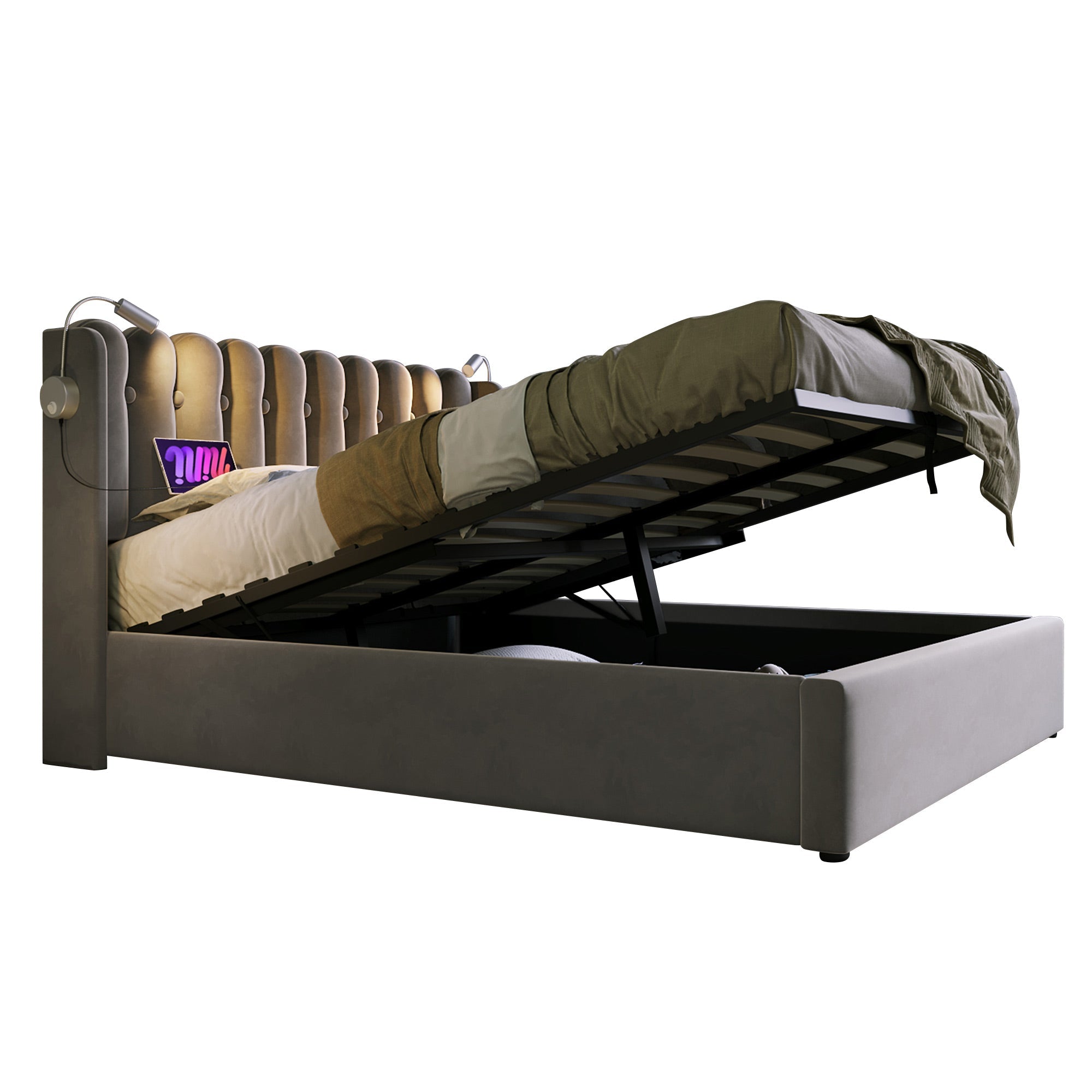 Logidon gestoffeerd bed 140x200 met leeslampje en USB-oplaadfunctie grijs