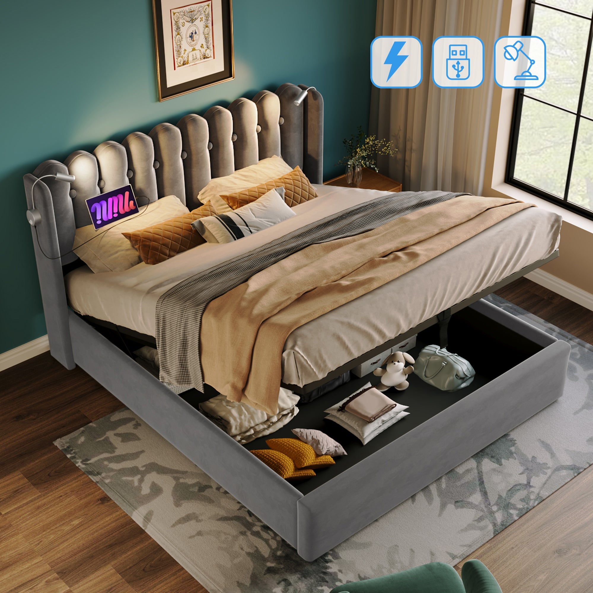 Logidon gestoffeerd bed 140x200 met leeslampje en USB-oplaadfunctie grijs