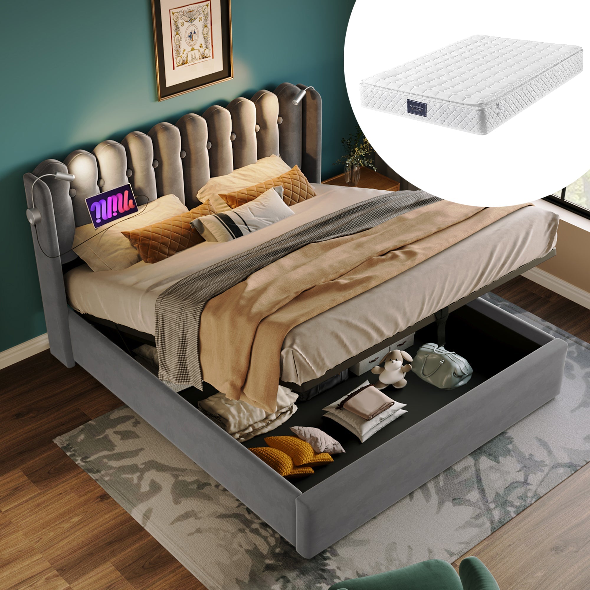 Logidon upholstered bed 140x200 gray with reading light and charging function