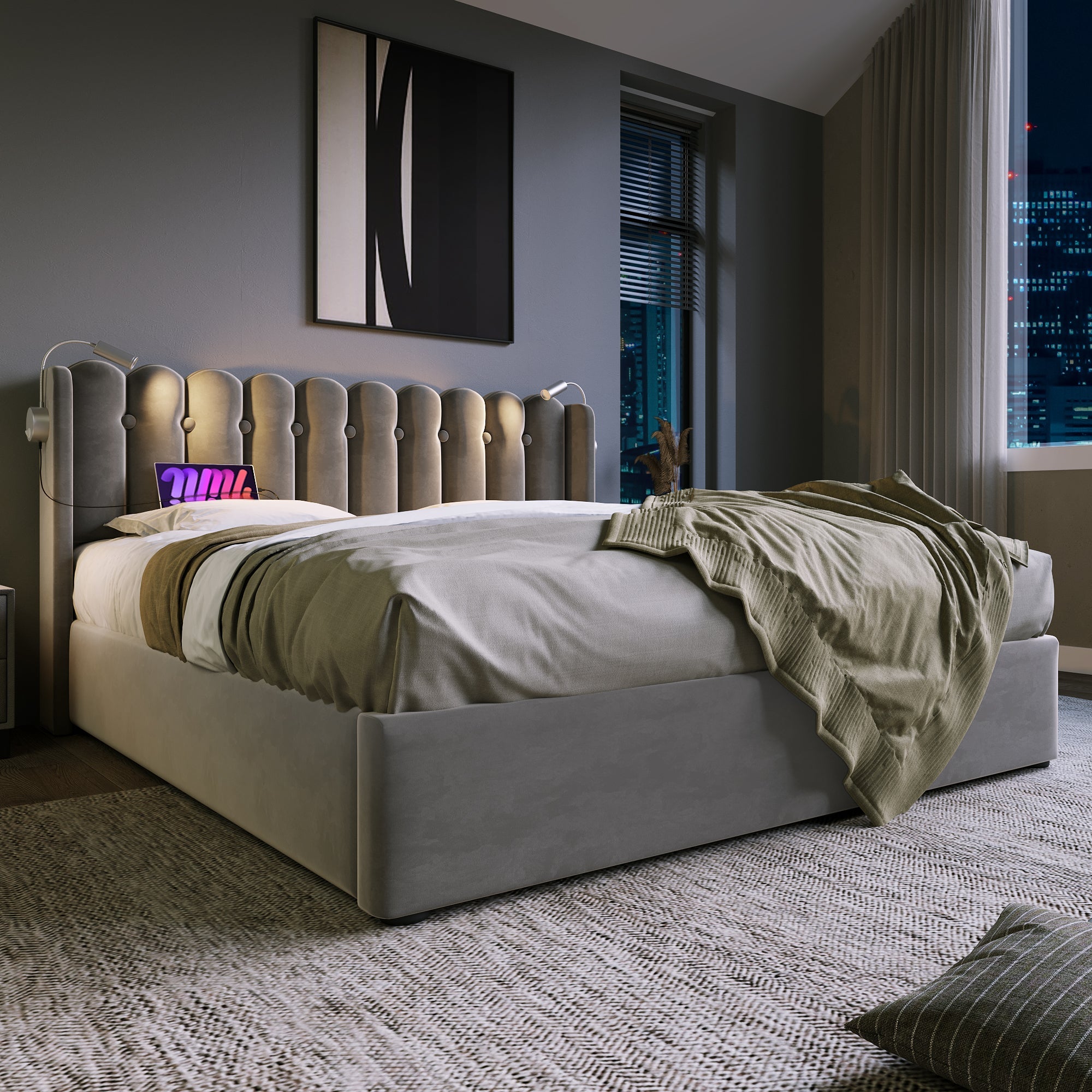 Logidon gestoffeerd bed 160x200 grijs fluweel met leeslampje USB oplaadfunctie