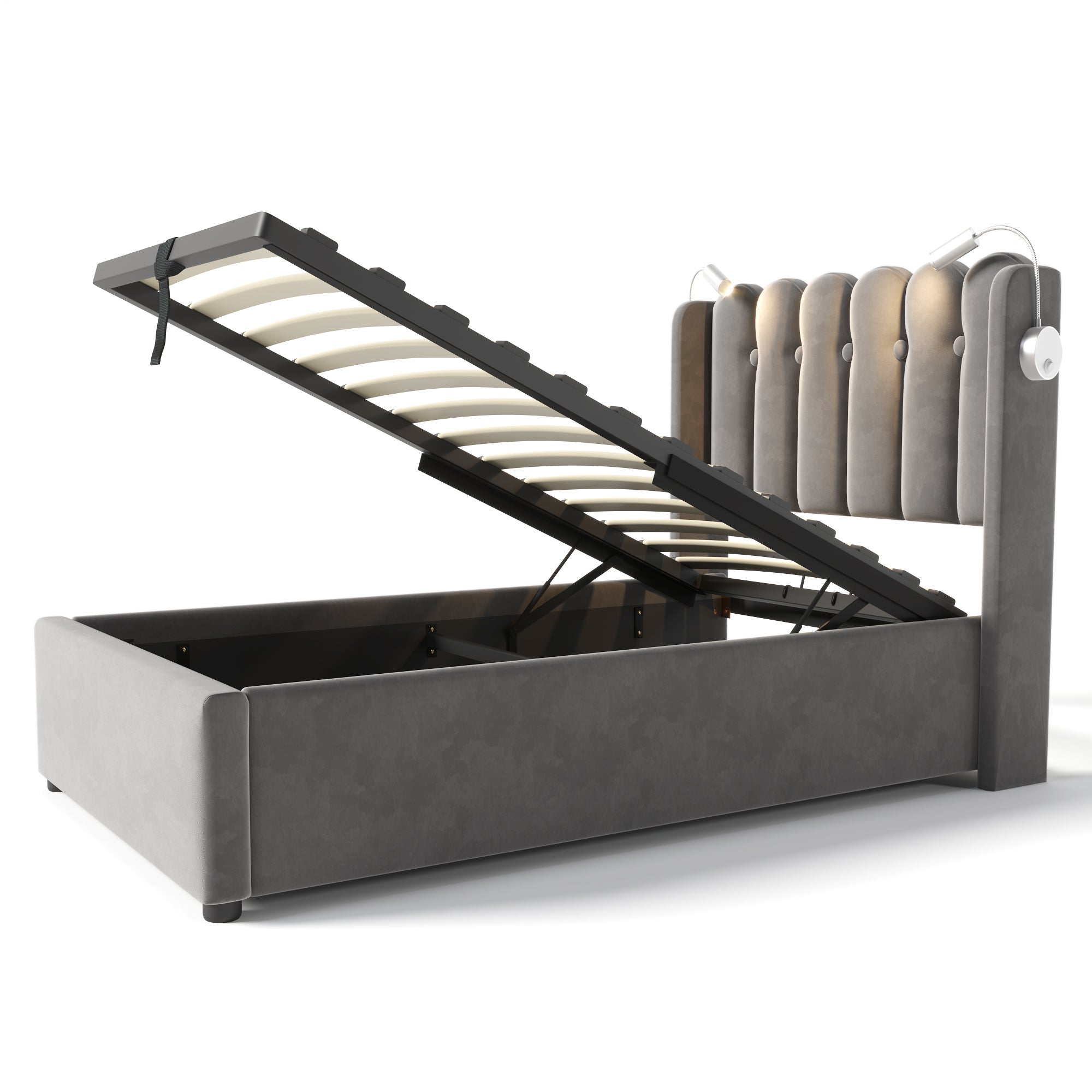 Logidon gestoffeerd bed 90x200 grijs fluweel met leeslampje USB oplaadfunctie