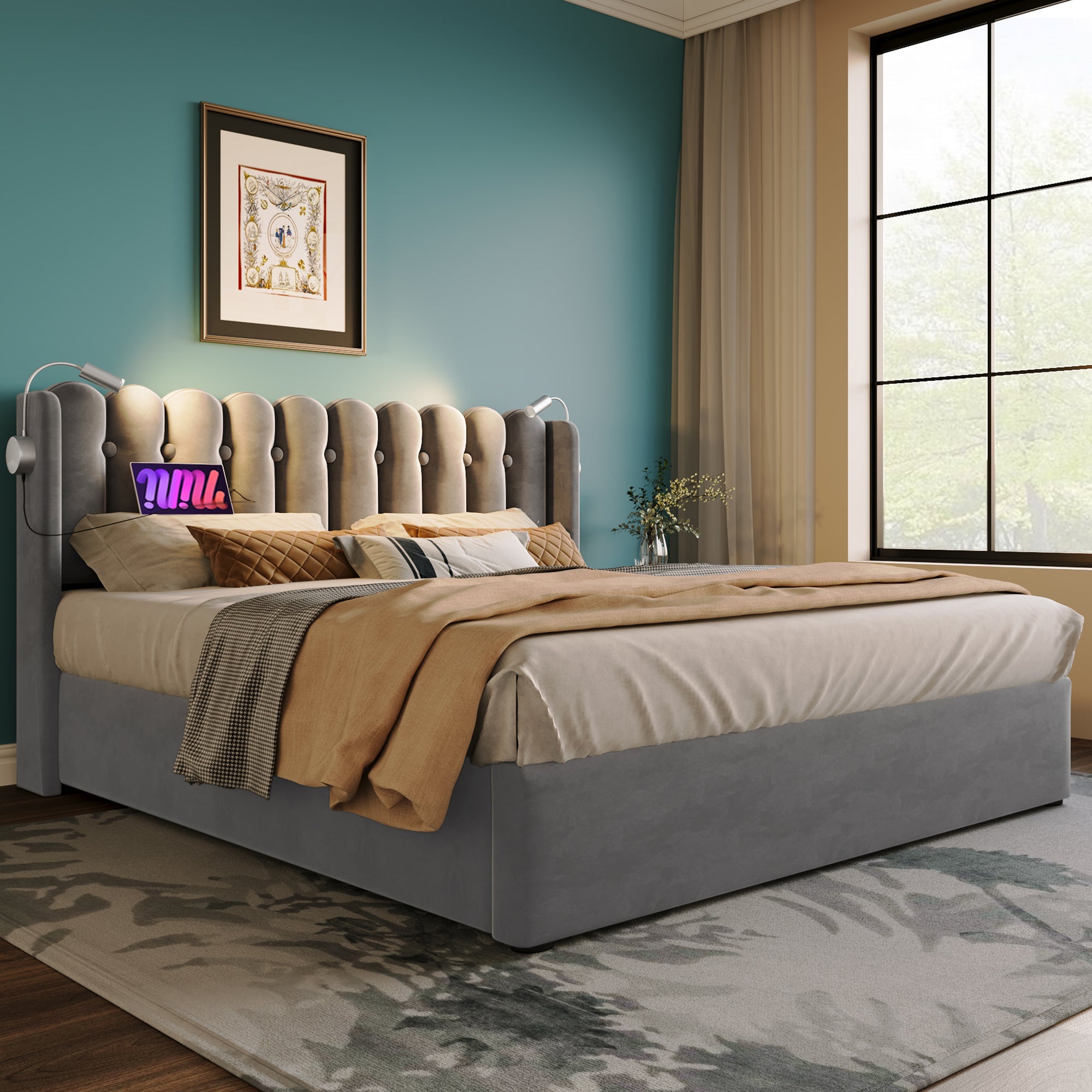Logidon gestoffeerd bed 140x200 met leeslampje en USB-oplaadfunctie grijs