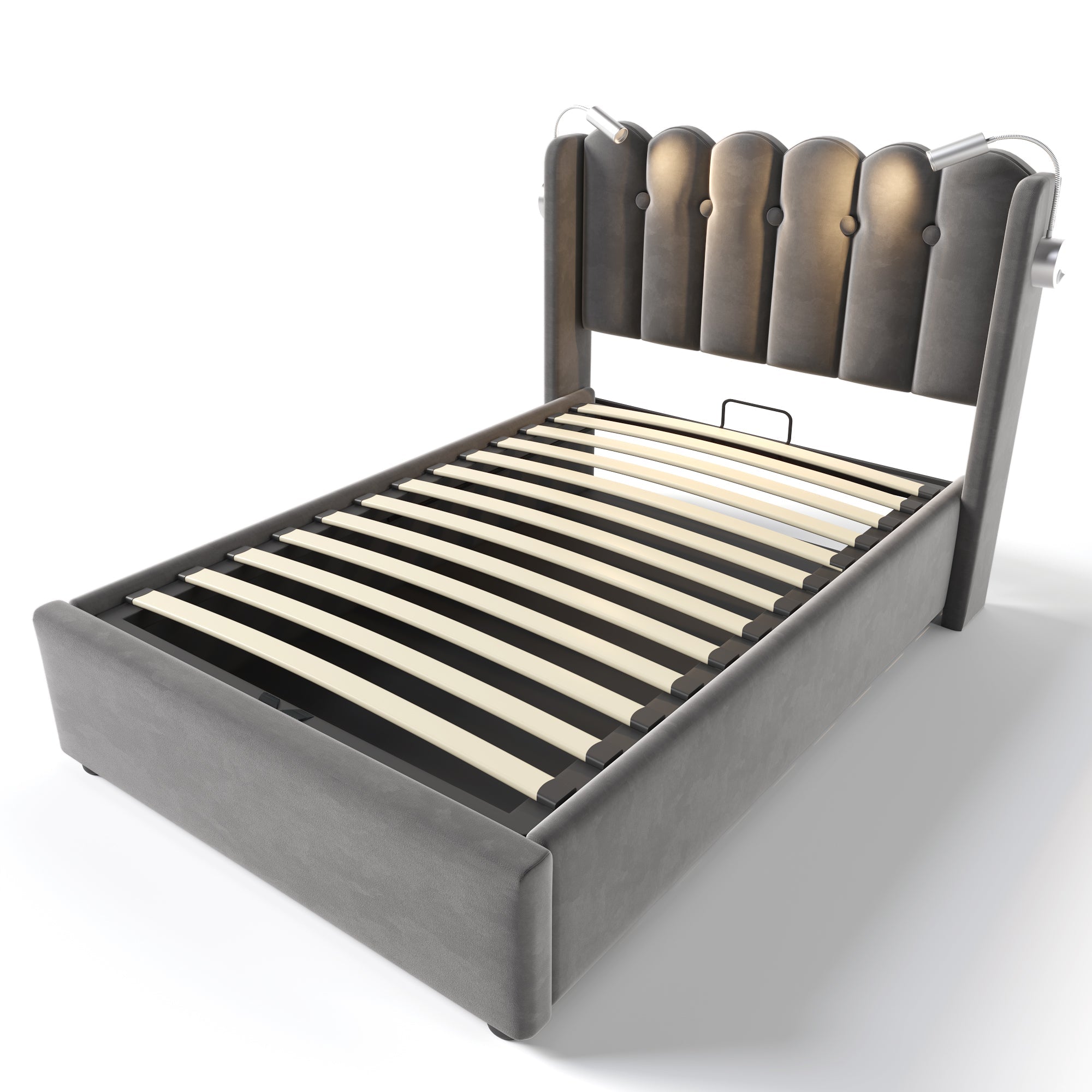 Logidon gestoffeerd bed 90x200 grijs fluweel met leeslampje USB oplaadfunctie