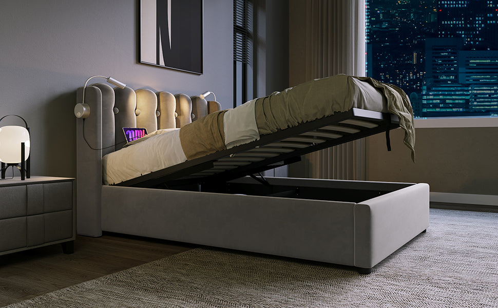 Logidon gestoffeerd bed 90x200 grijs fluweel met leeslampje USB oplaadfunctie