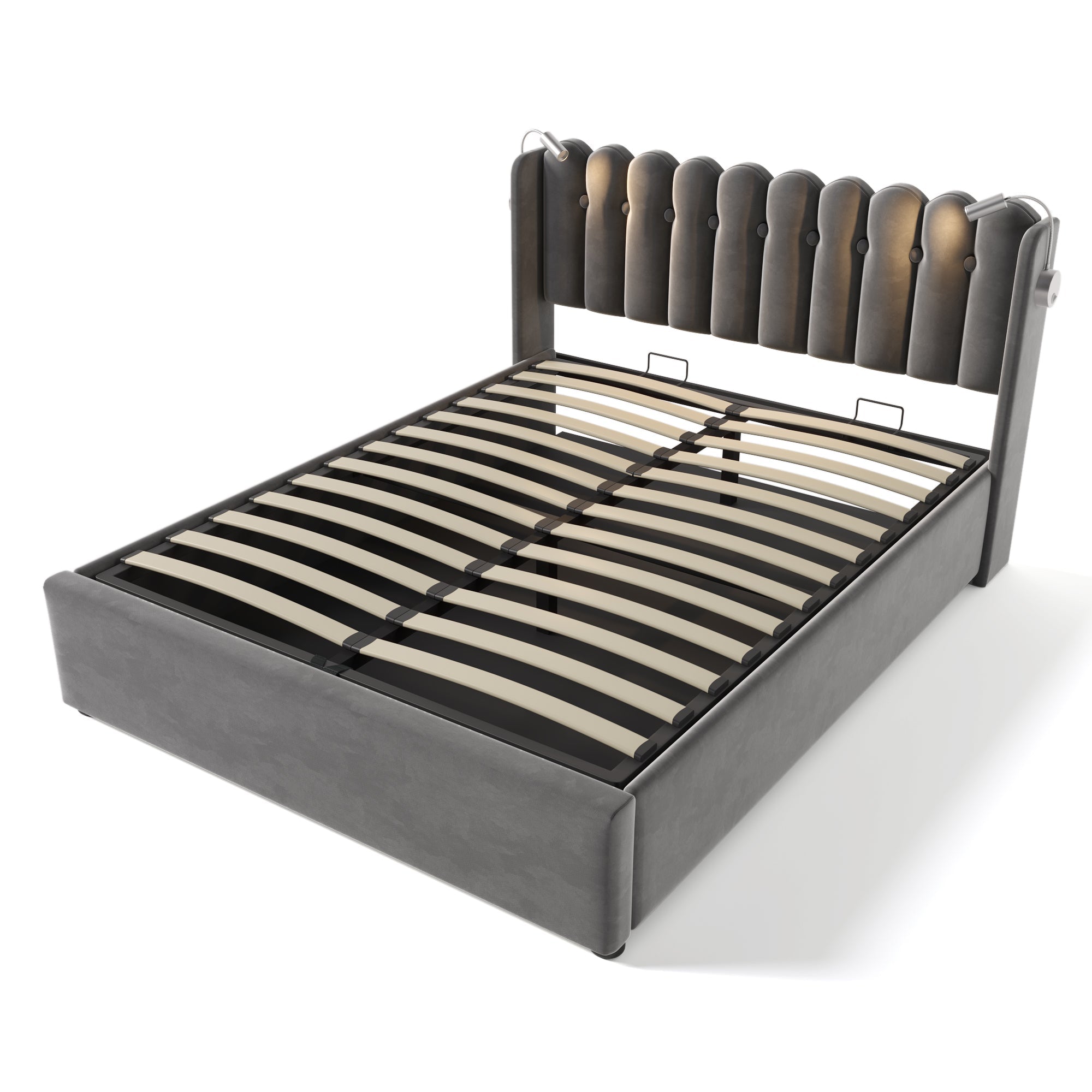 Logidon upholstered bed 140x200 gray with reading light and charging function