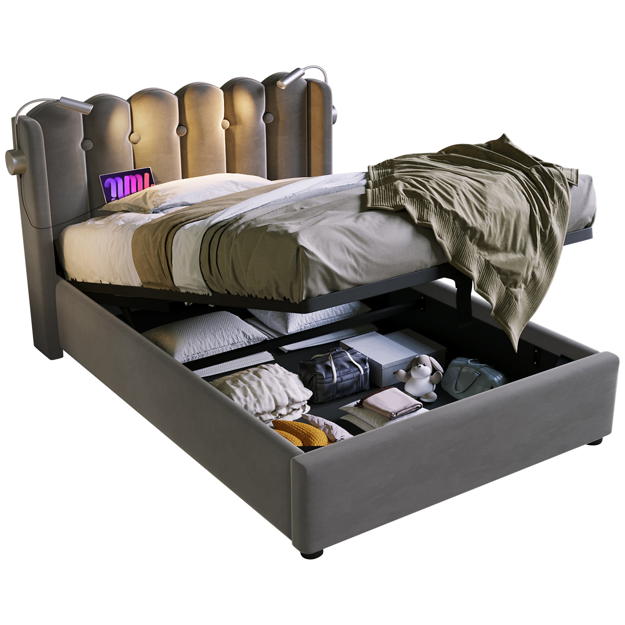 Logidon gestoffeerd bed 90x200 grijs fluweel met leeslampje USB oplaadfunctie