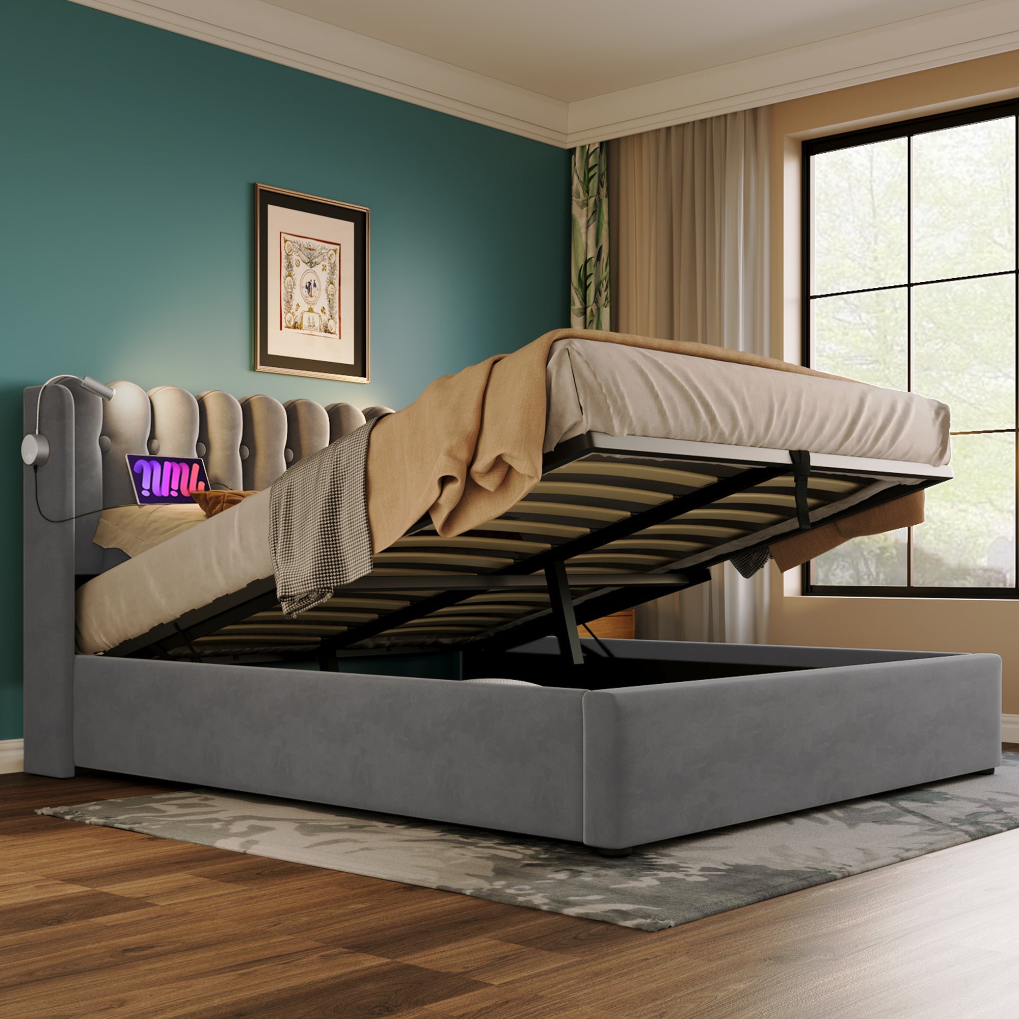 Logidon gestoffeerd bed 90x200 fluweelgrijs met leeslamp oplaadfunctie