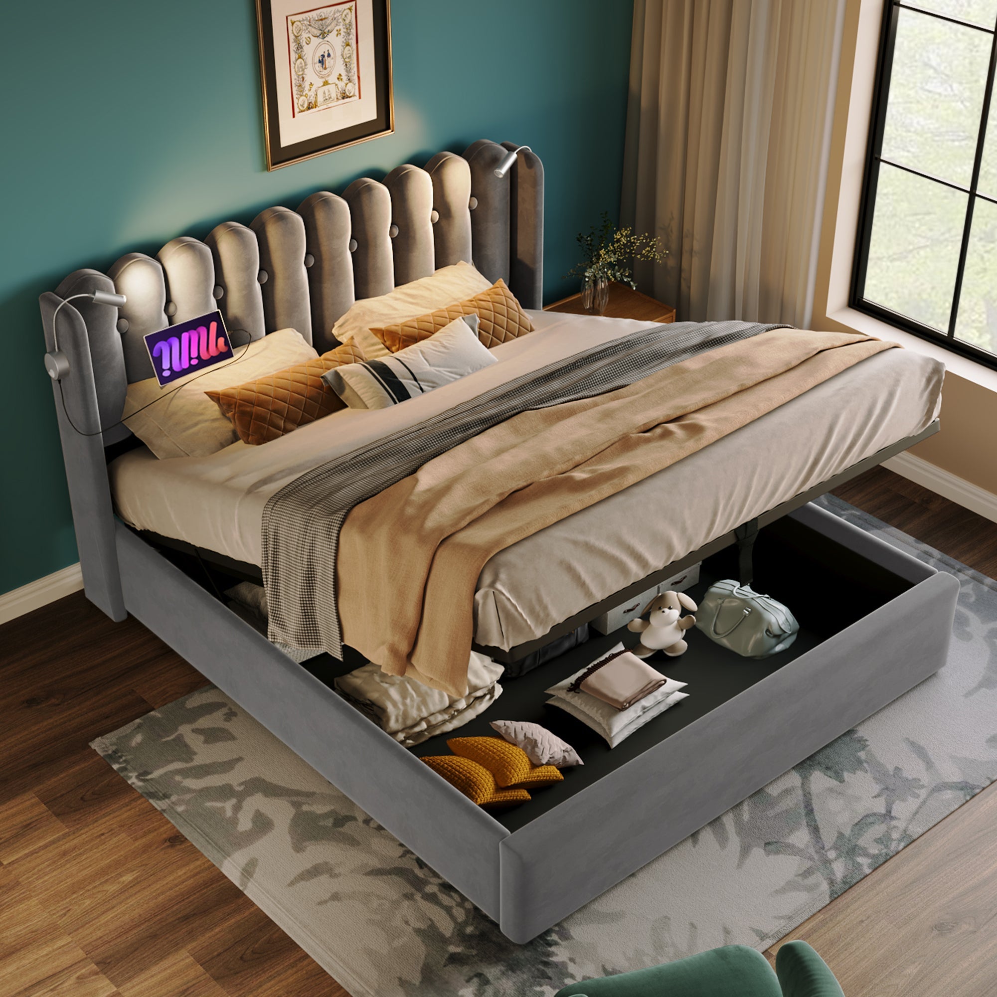 Logidon gestoffeerd bed 140x200 met leeslampje en USB-oplaadfunctie grijs