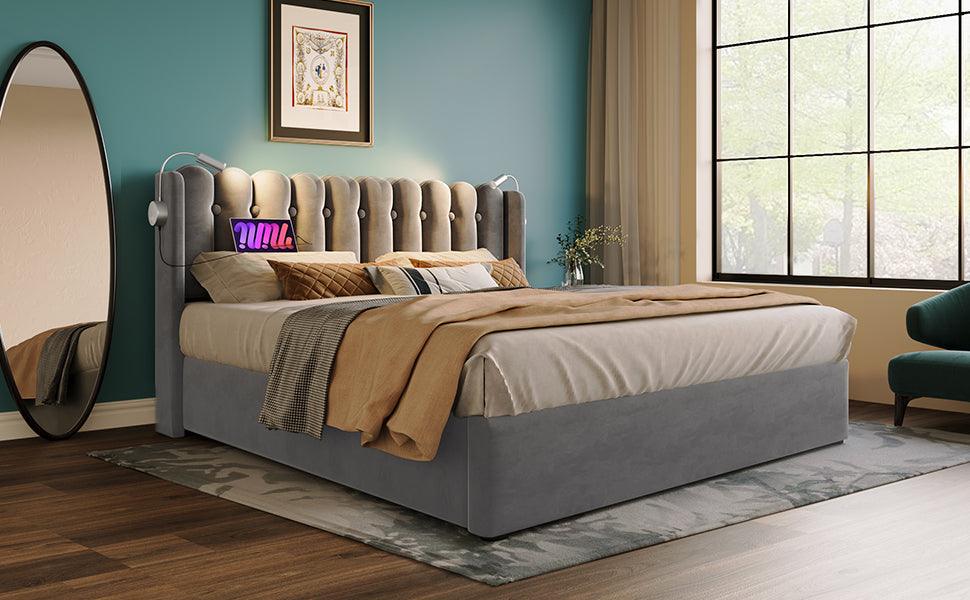 Logidon gestoffeerd bed 140x200 met leeslampje en USB-oplaadfunctie grijs