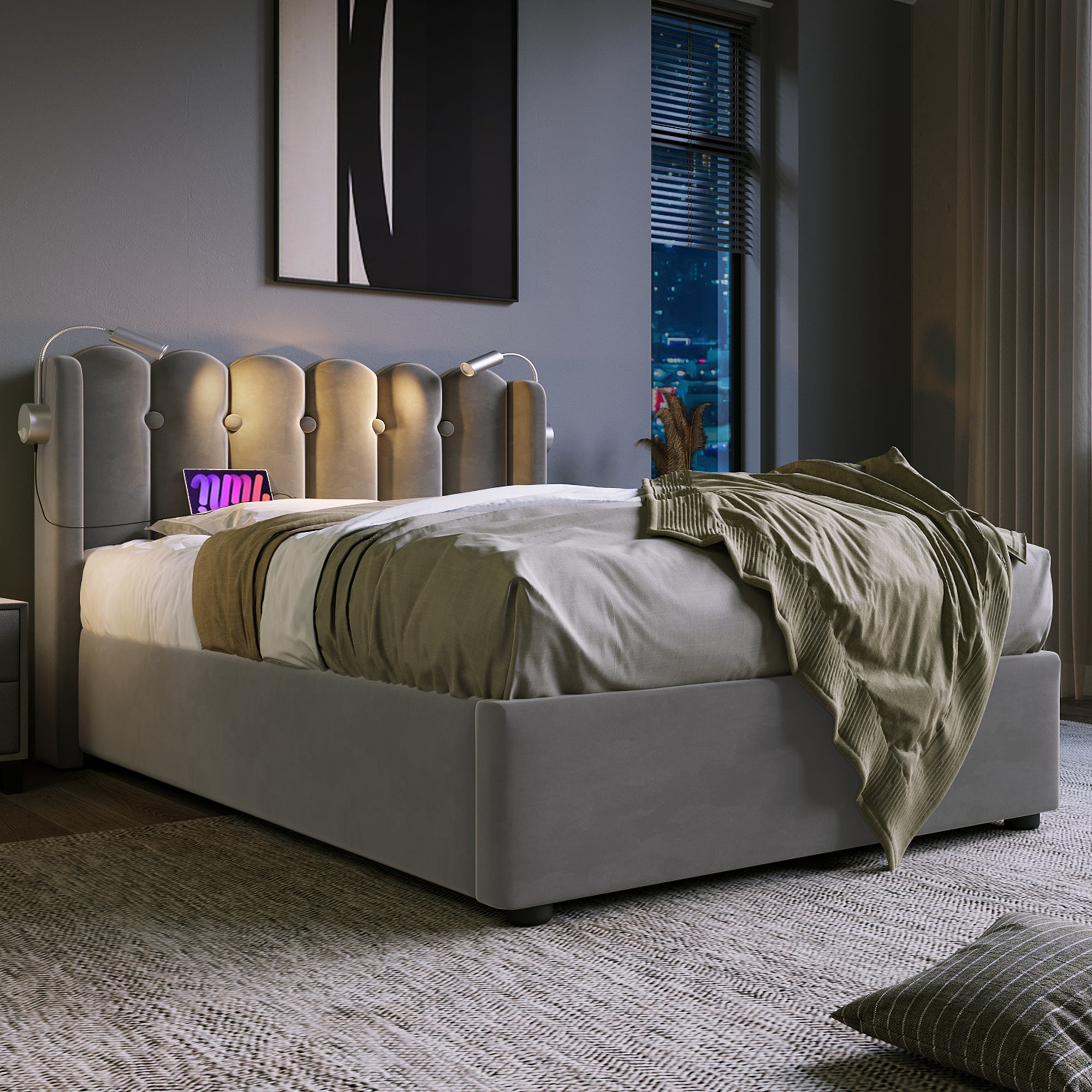 Logidon gestoffeerd bed 90x200 grijs fluweel met leeslampje USB oplaadfunctie
