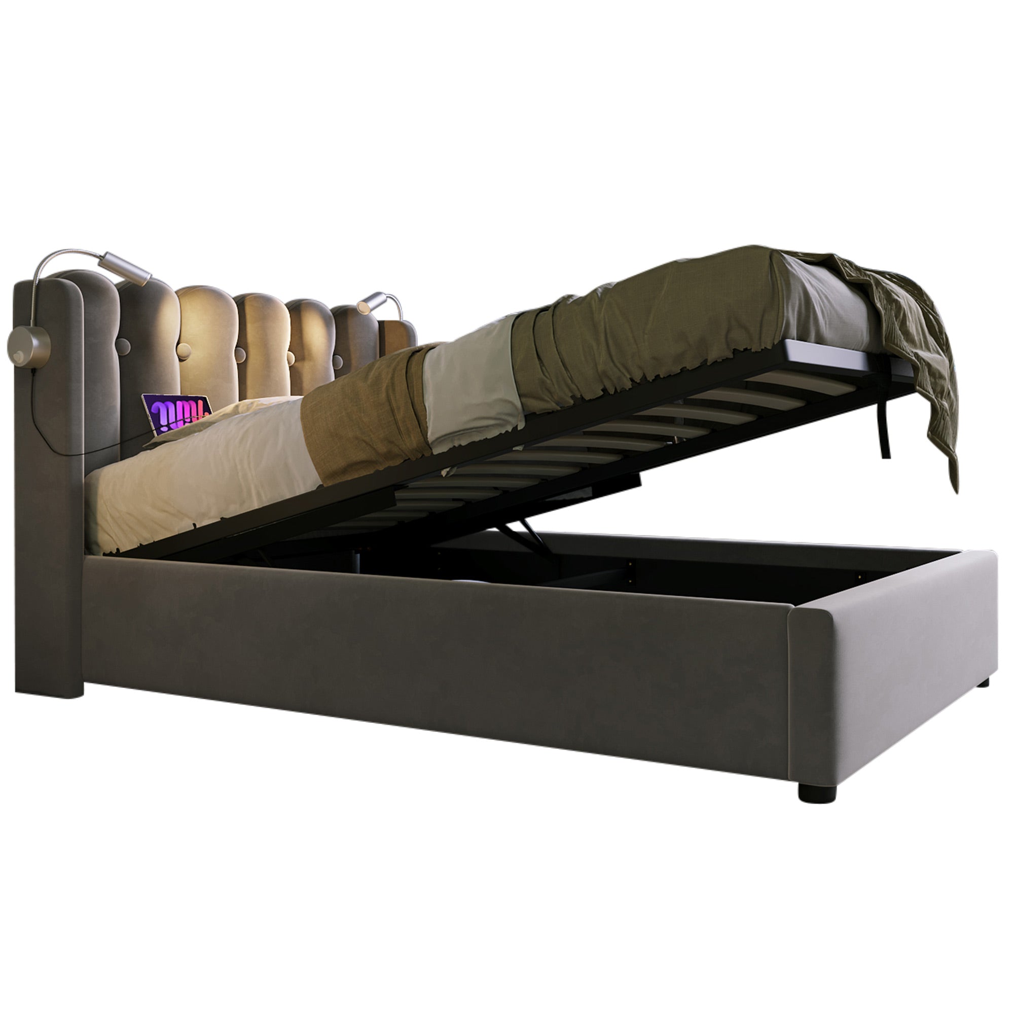 Logidon gestoffeerd bed 90x200 grijs fluweel met leeslampje USB oplaadfunctie