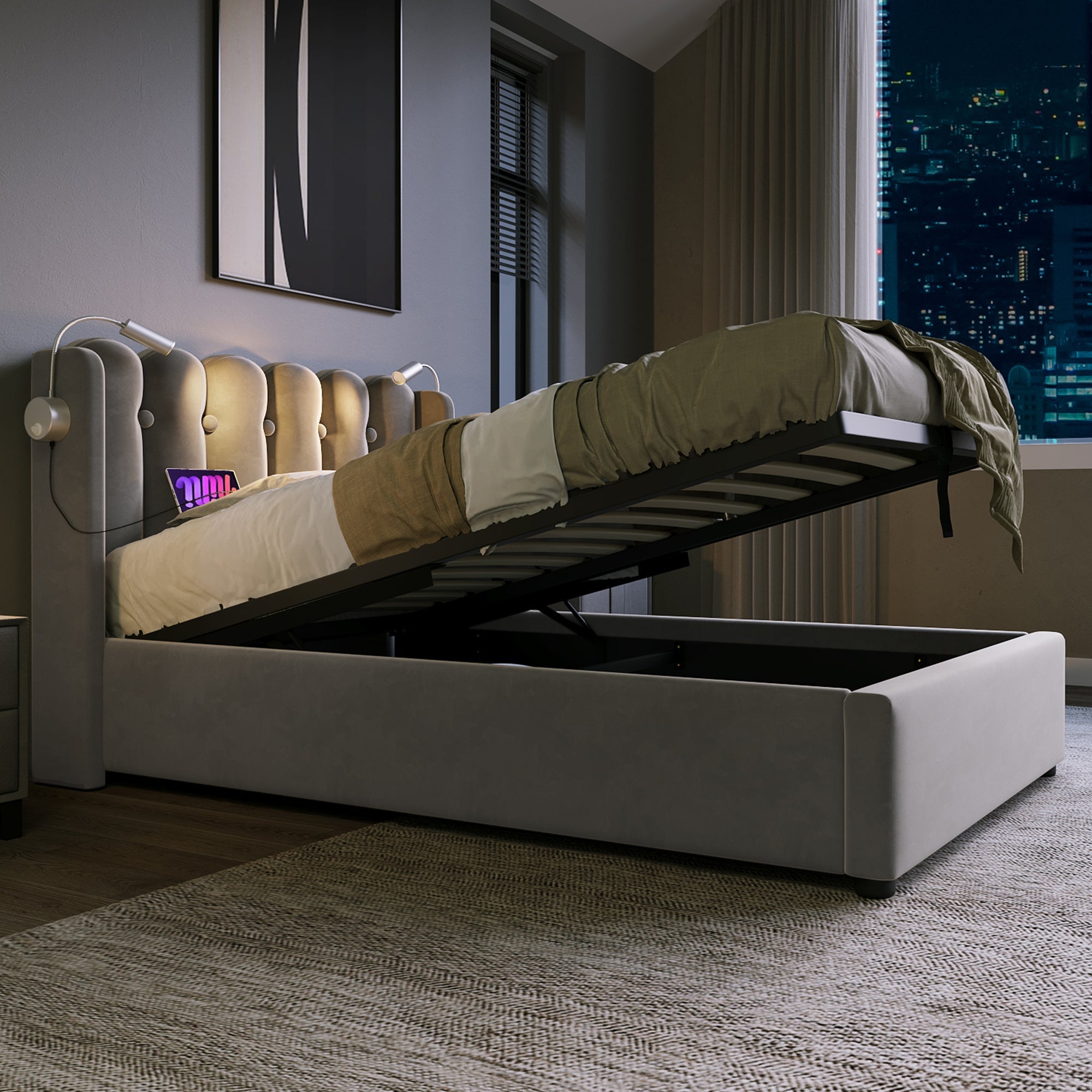 Logidon gestoffeerd bed 90x200 fluweelgrijs met leeslamp oplaadfunctie