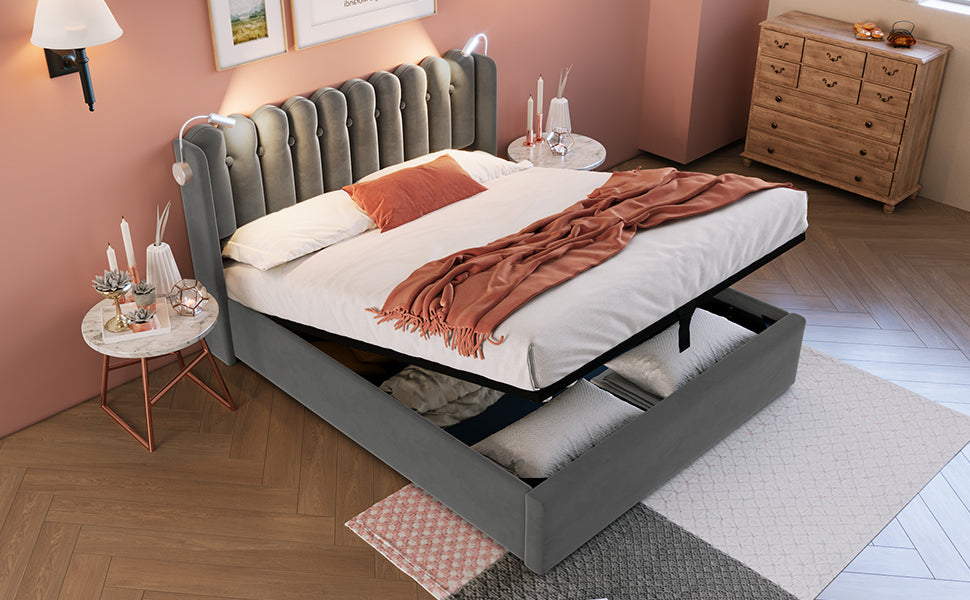Logidon upholstered bed 140x200 gray with reading light and charging function