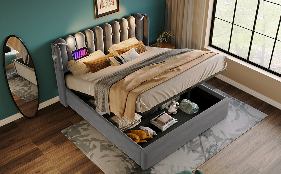 Logidon gestoffeerd bed 160x200 grijs fluweel met leeslampje USB oplaadfunctie