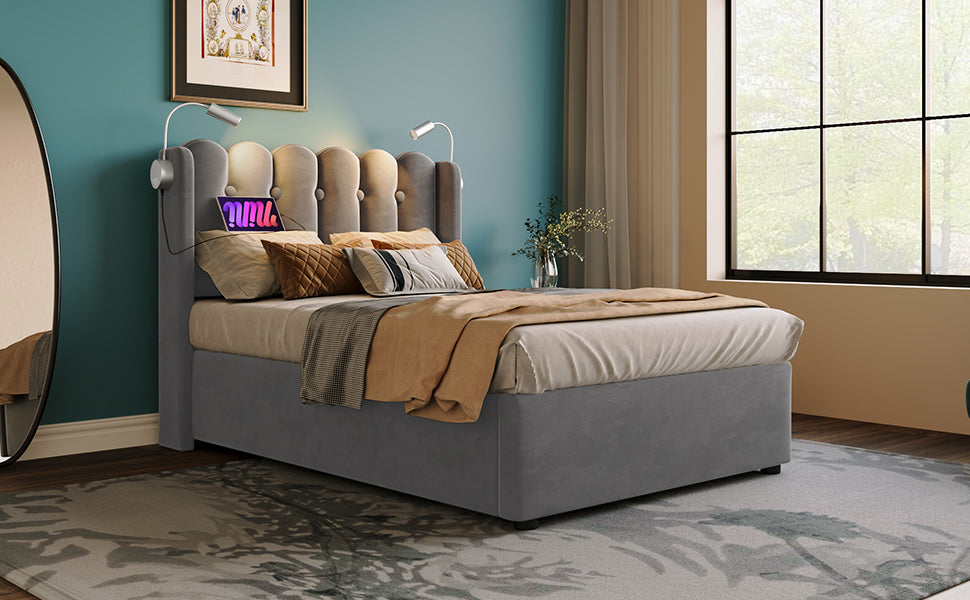 Logidon gestoffeerd bed 90x200 grijs fluweel met leeslampje USB oplaadfunctie