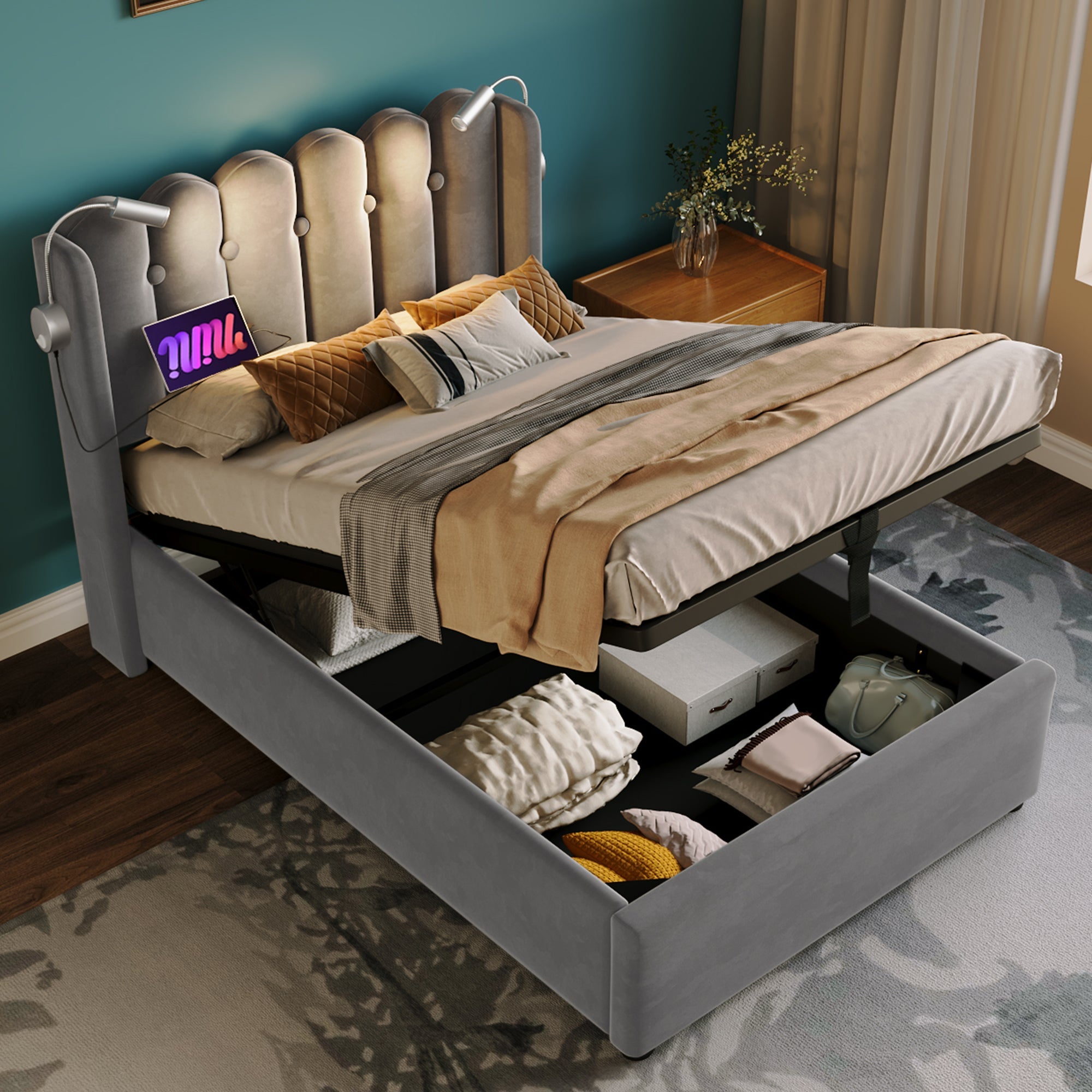 Logidon gestoffeerd bed 90x200 grijs fluweel met leeslampje USB oplaadfunctie