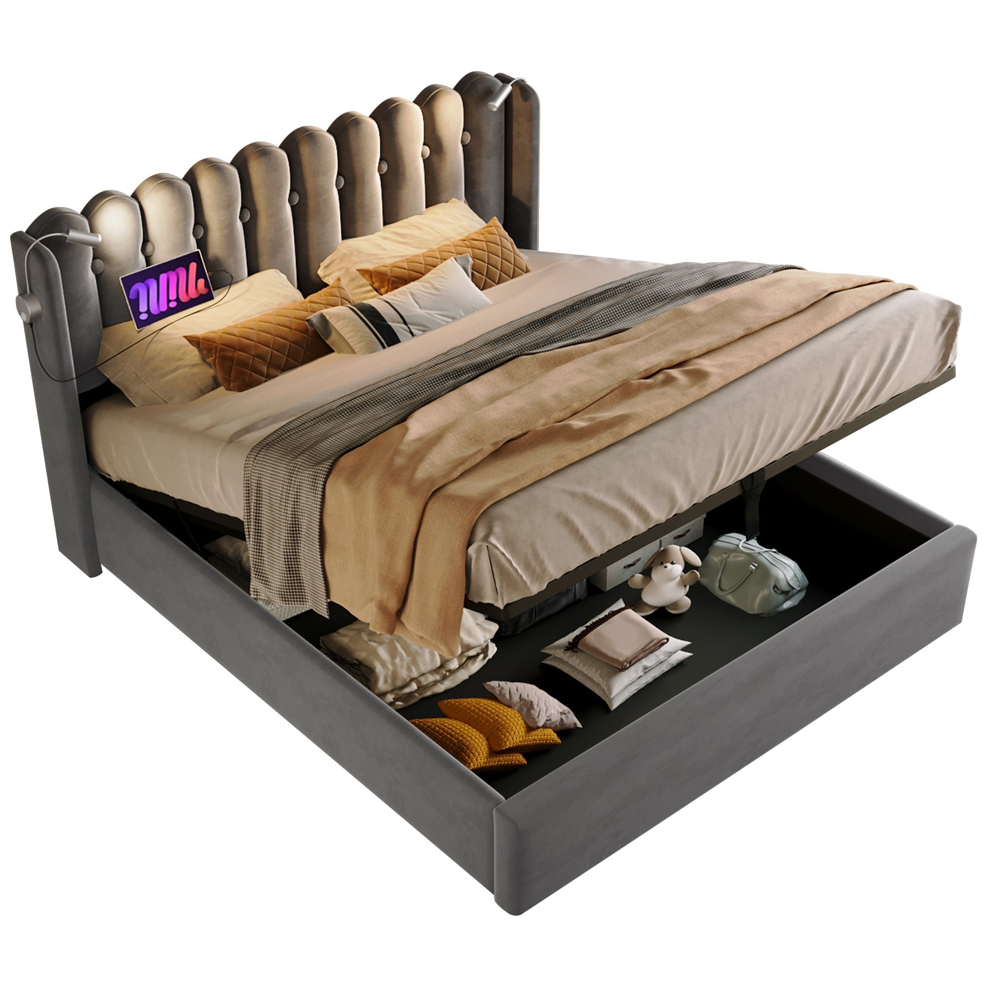 Logidon gestoffeerd bed 160x200 grijs fluweel met leeslampje USB oplaadfunctie