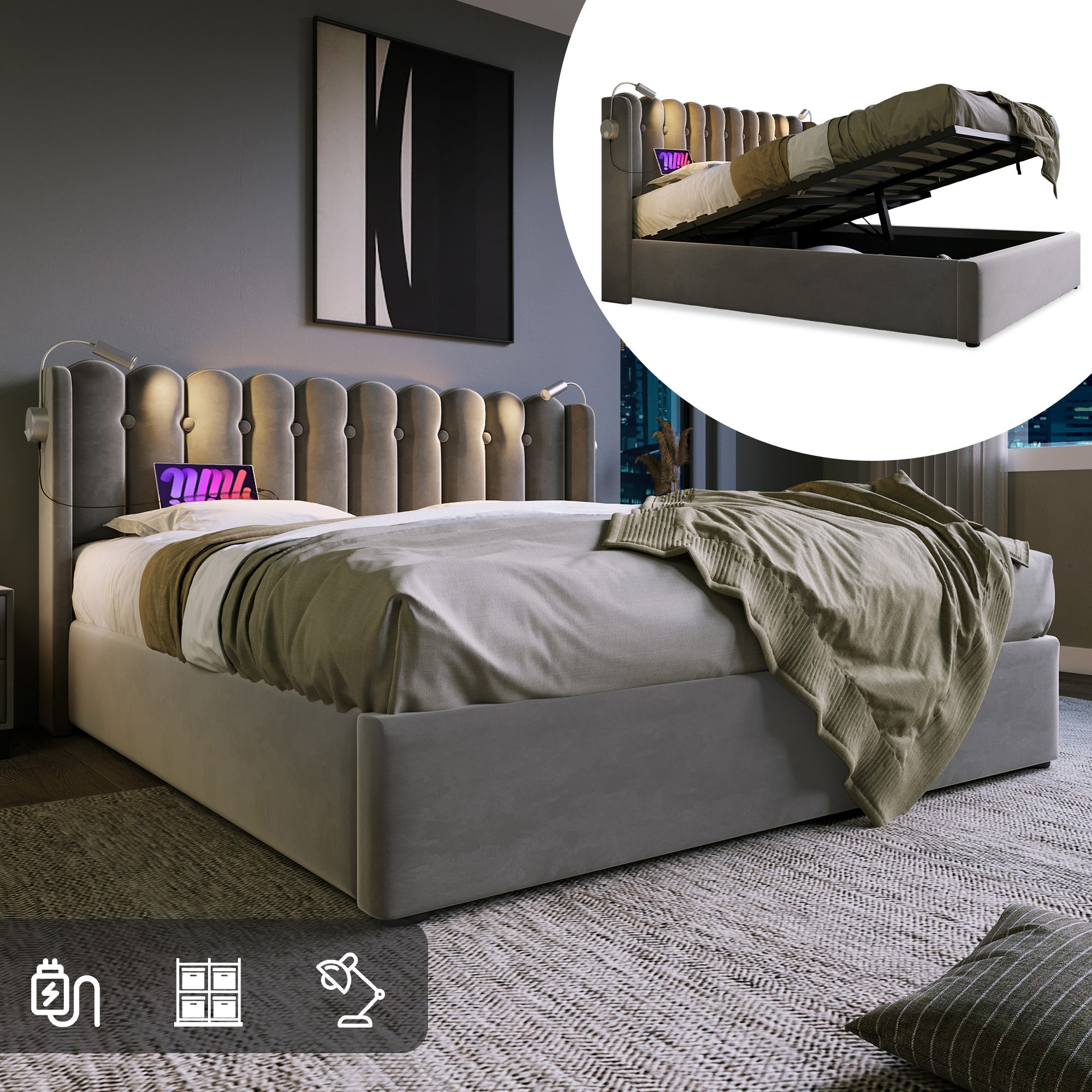 Logidon gestoffeerd bed 140x200 met leeslampje en USB-oplaadfunctie grijs