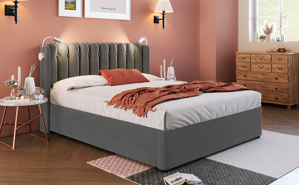 Logidon upholstered bed 140x200 gray with reading light and charging function