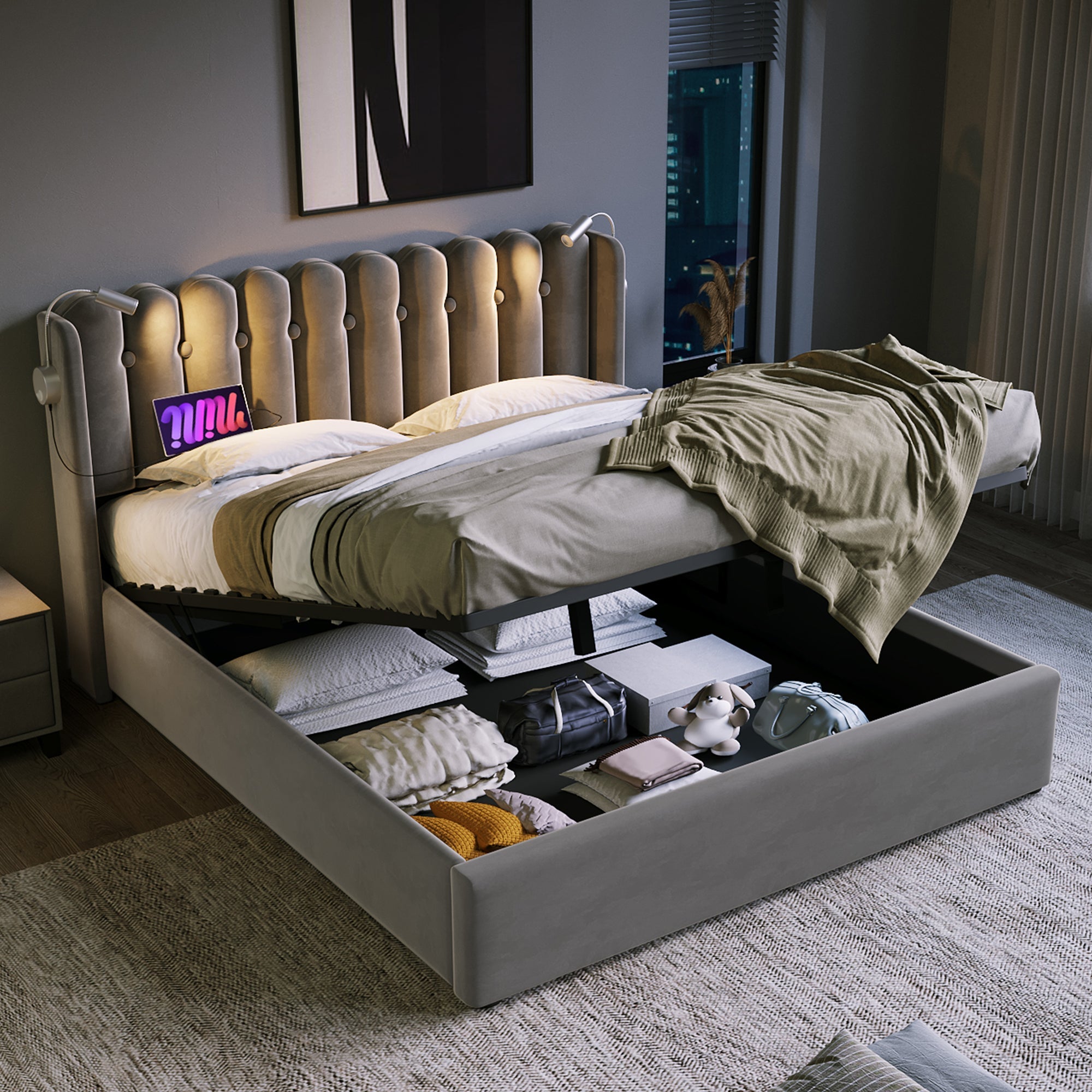 Logidon gestoffeerd bed 160x200 grijs fluweel met leeslampje USB oplaadfunctie