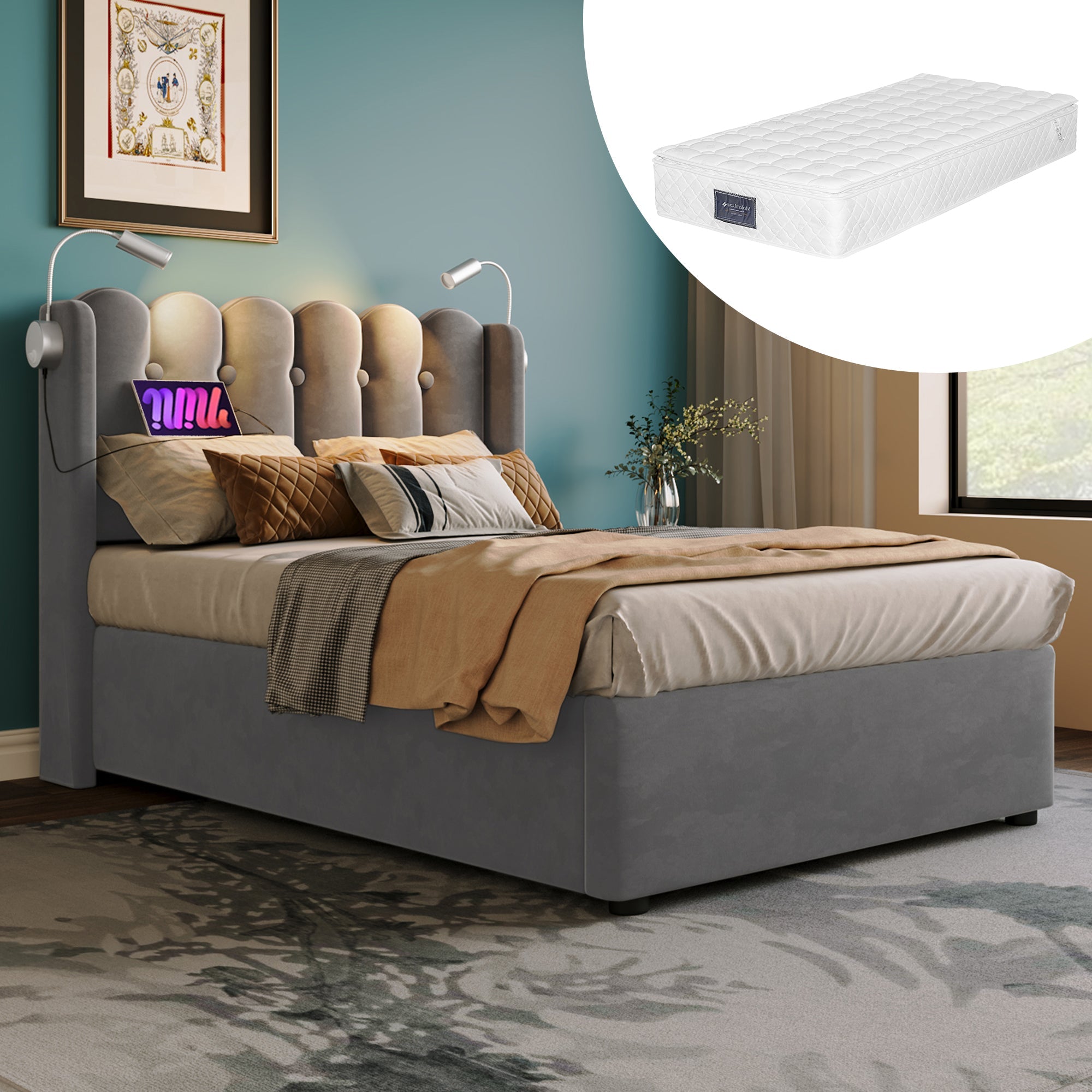 Logidon gestoffeerd bed 90x200 grijs fluweel met leeslampje USB oplaadfunctie