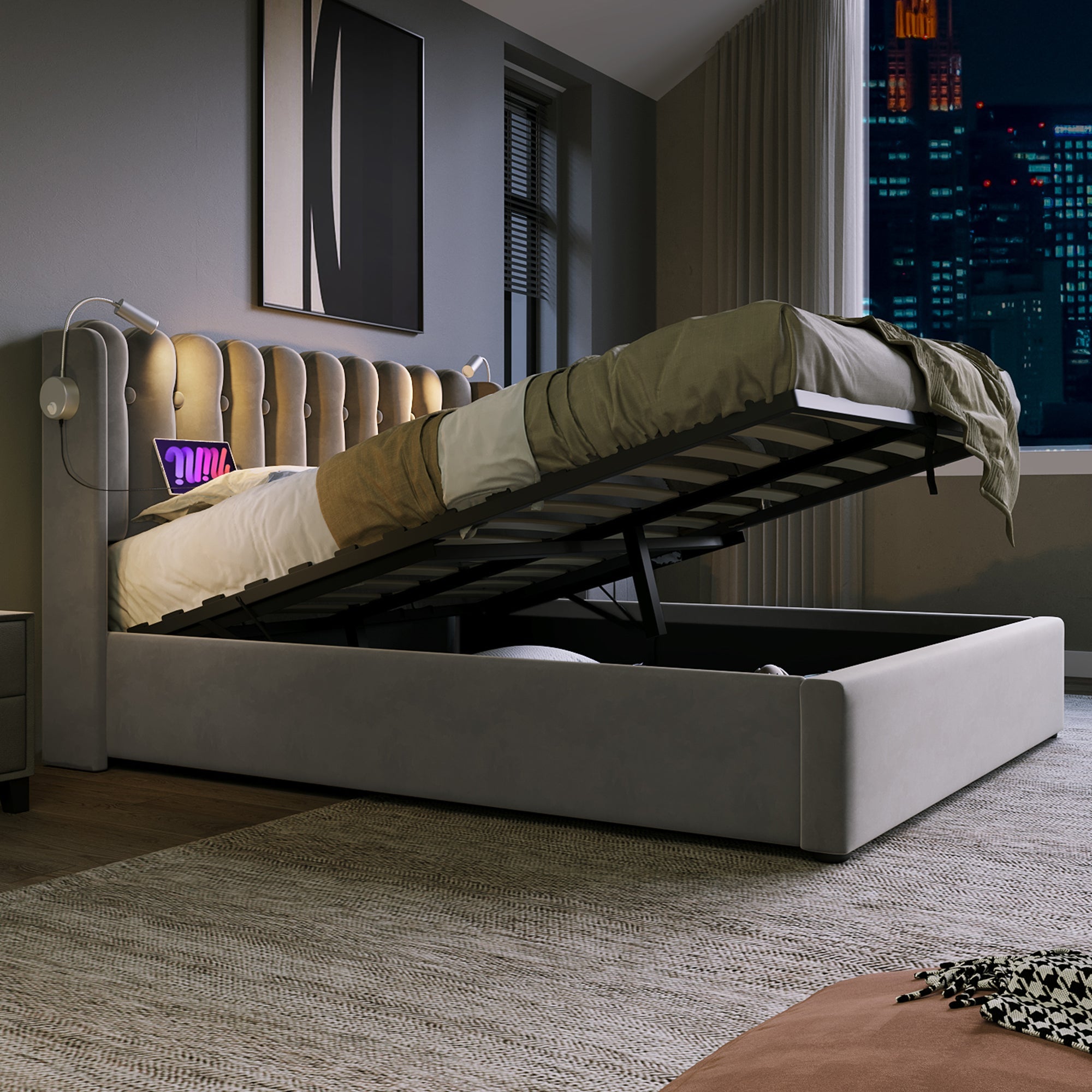 Logidon gestoffeerd bed 140x200 met leeslampje en USB-oplaadfunctie grijs
