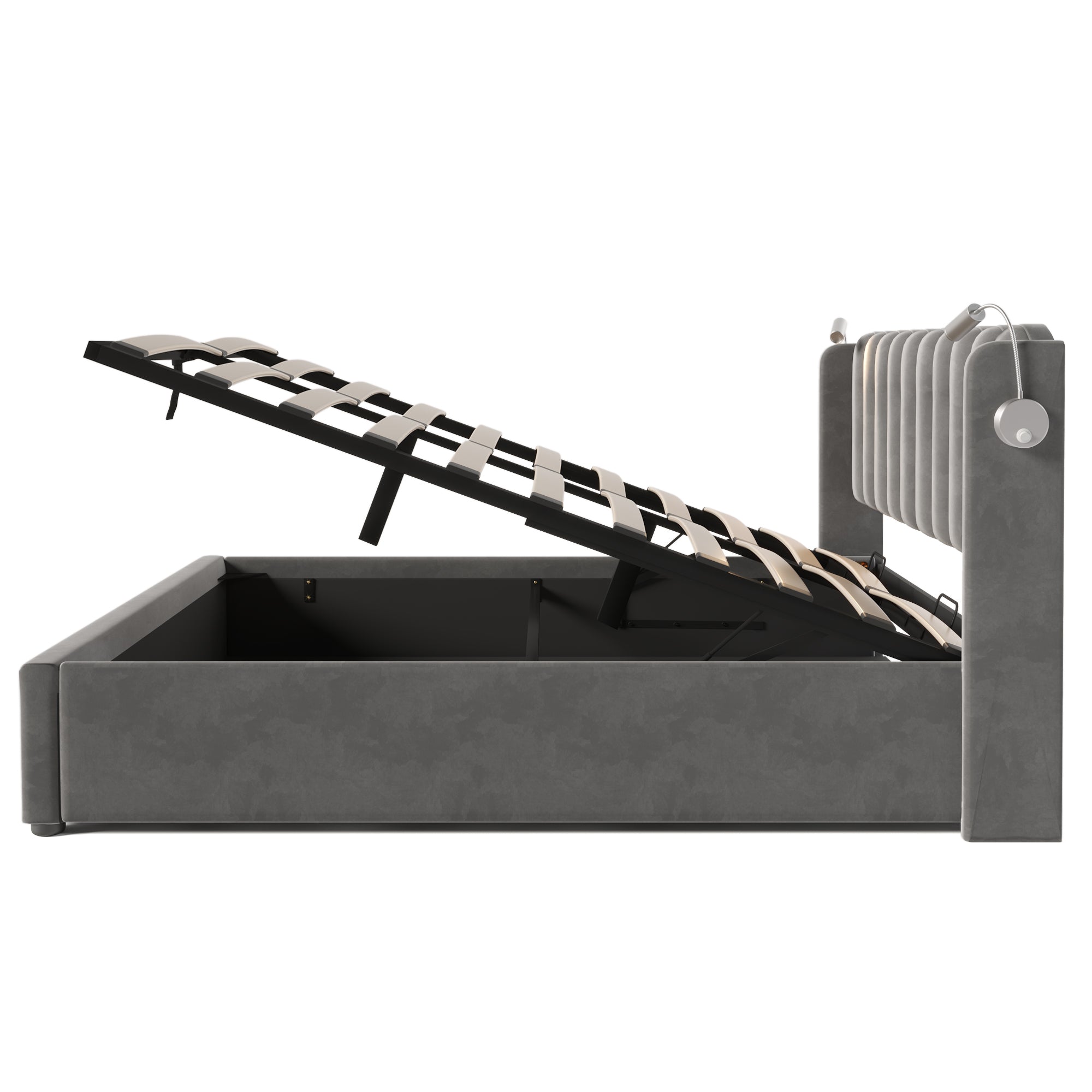 Logidon gestoffeerd bed 160x200 grijs fluweel met leeslampje USB oplaadfunctie