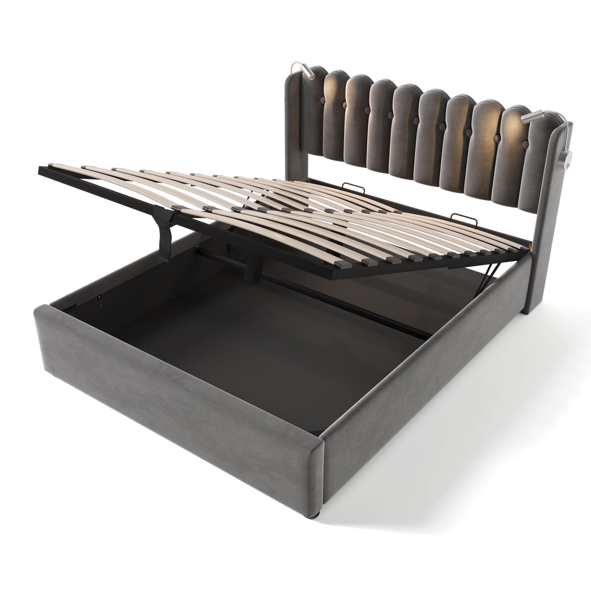 Logidon gestoffeerd bed 140x200 met leeslampje en USB-oplaadfunctie grijs