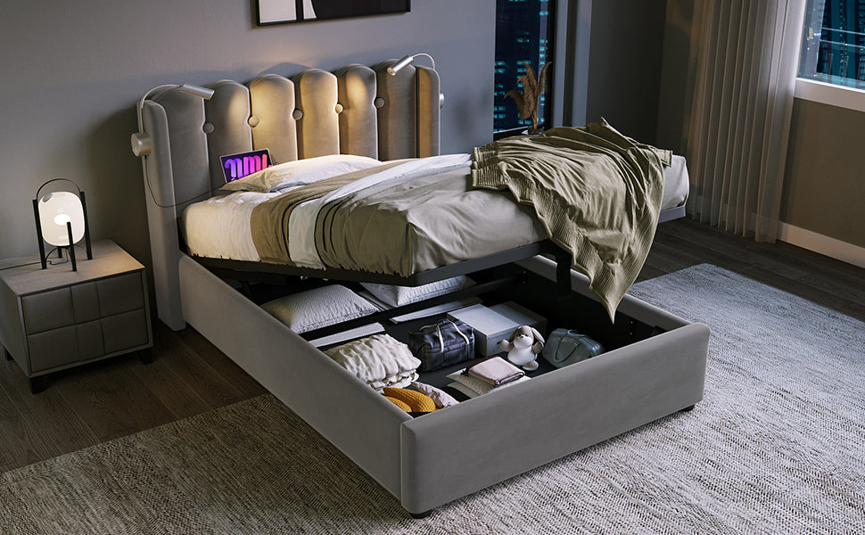Logidon gestoffeerd bed 90x200 grijs fluweel met leeslampje USB oplaadfunctie