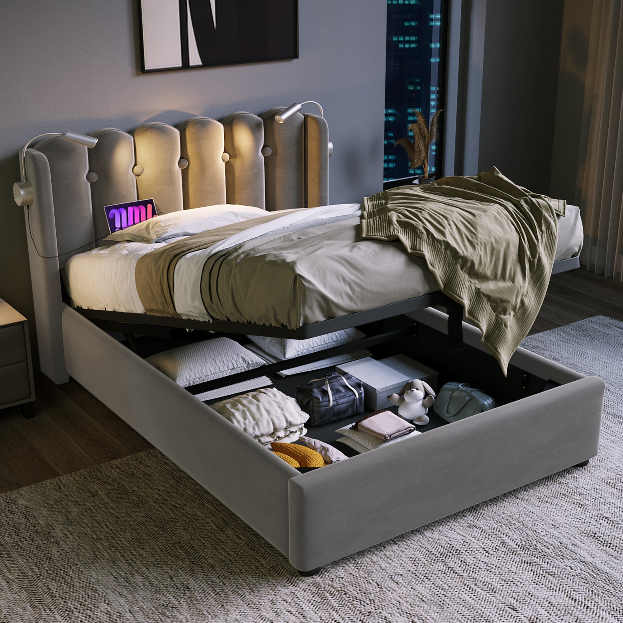 Logidon gestoffeerd bed 90x200 grijs fluweel met leeslampje USB oplaadfunctie