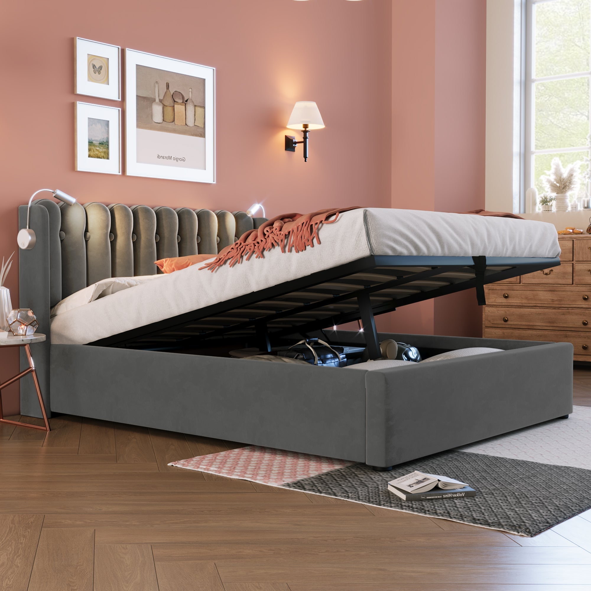 Logidon upholstered bed 140x200 gray with reading light and charging function