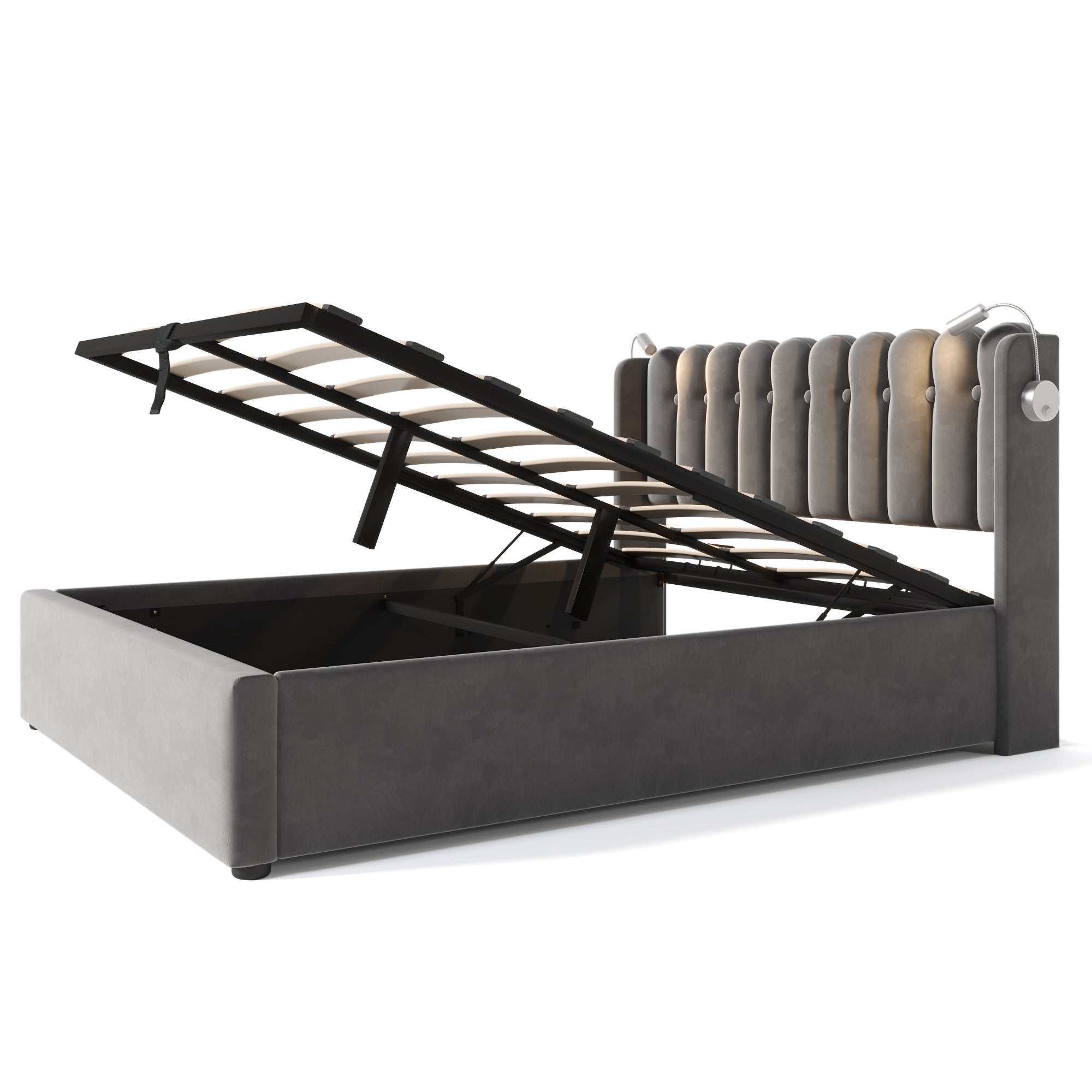 Logidon gestoffeerd bed 160x200 grijs fluweel met leeslampje USB oplaadfunctie