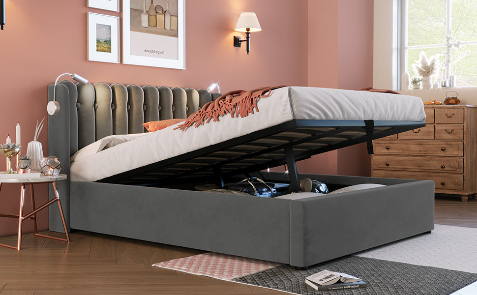 Logidon gestoffeerd bed 140x200 met leeslampje en USB-oplaadfunctie grijs
