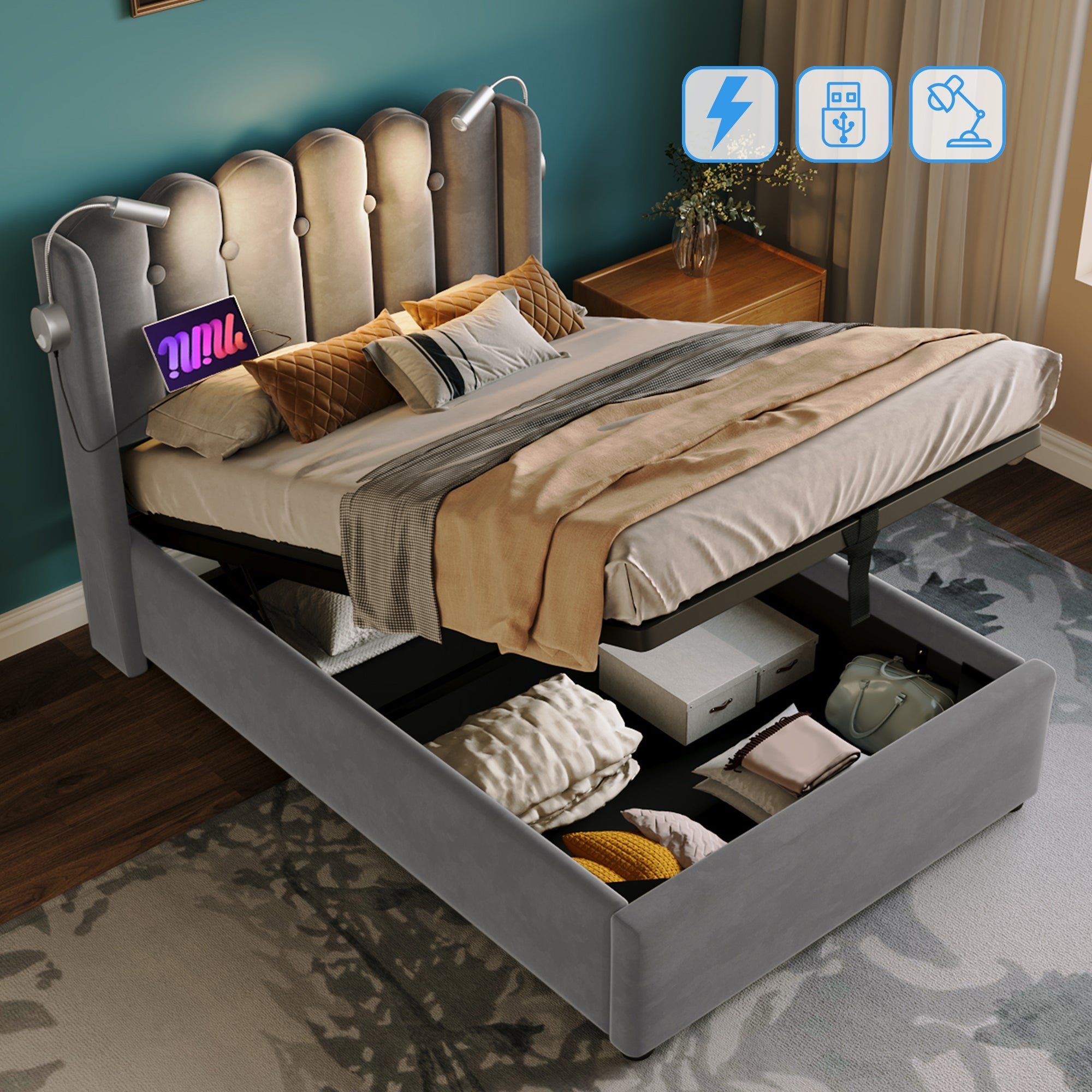 Logidon gestoffeerd bed 90x200 grijs fluweel met leeslampje USB oplaadfunctie