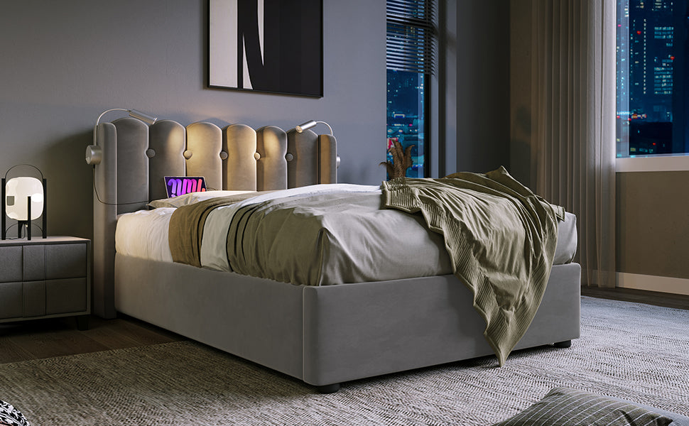 Logidon gestoffeerd bed 90x200 grijs fluweel met leeslampje USB oplaadfunctie