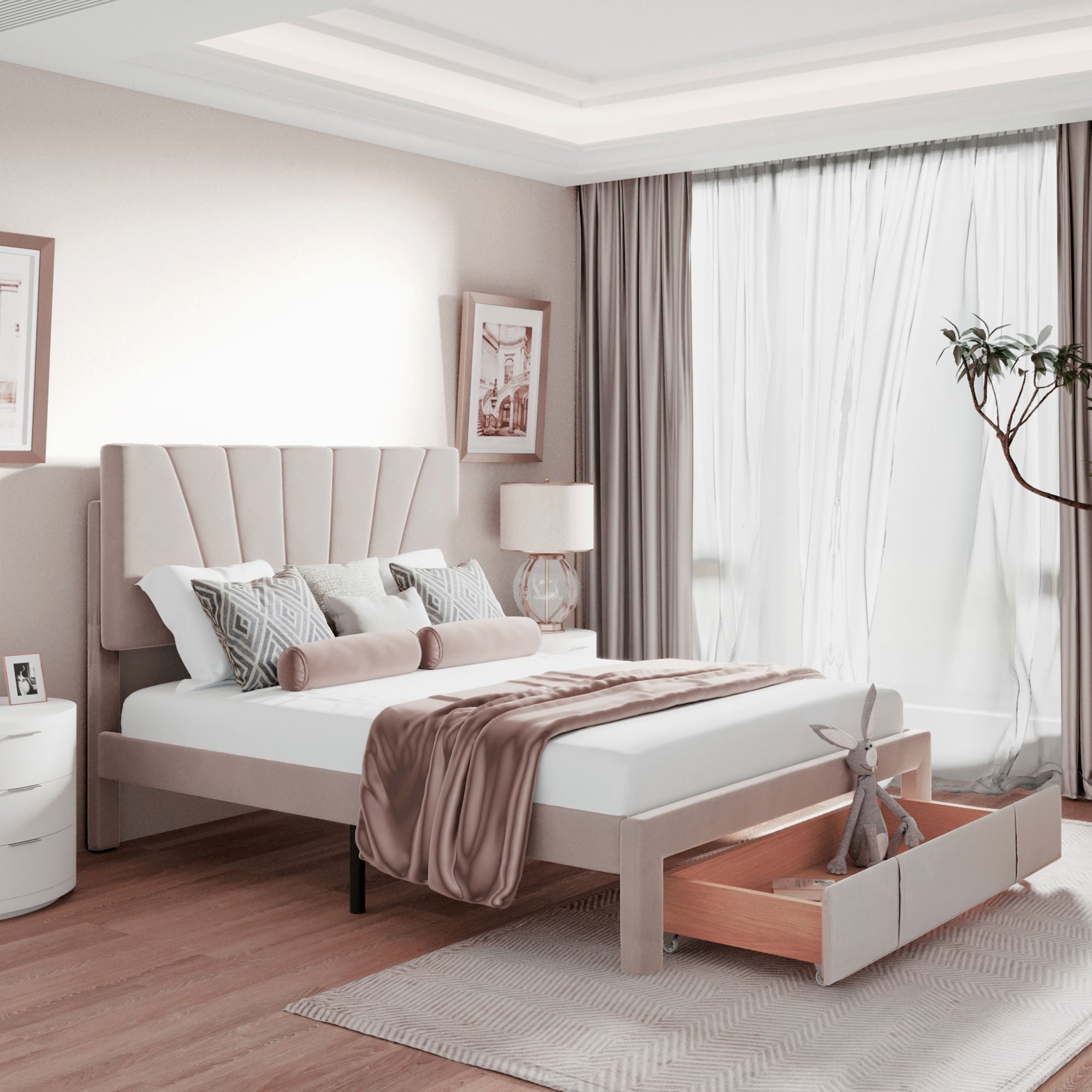 Logidon gestoffeerd bed 140x200 beige fluwelen stof met lattenbodem lade
