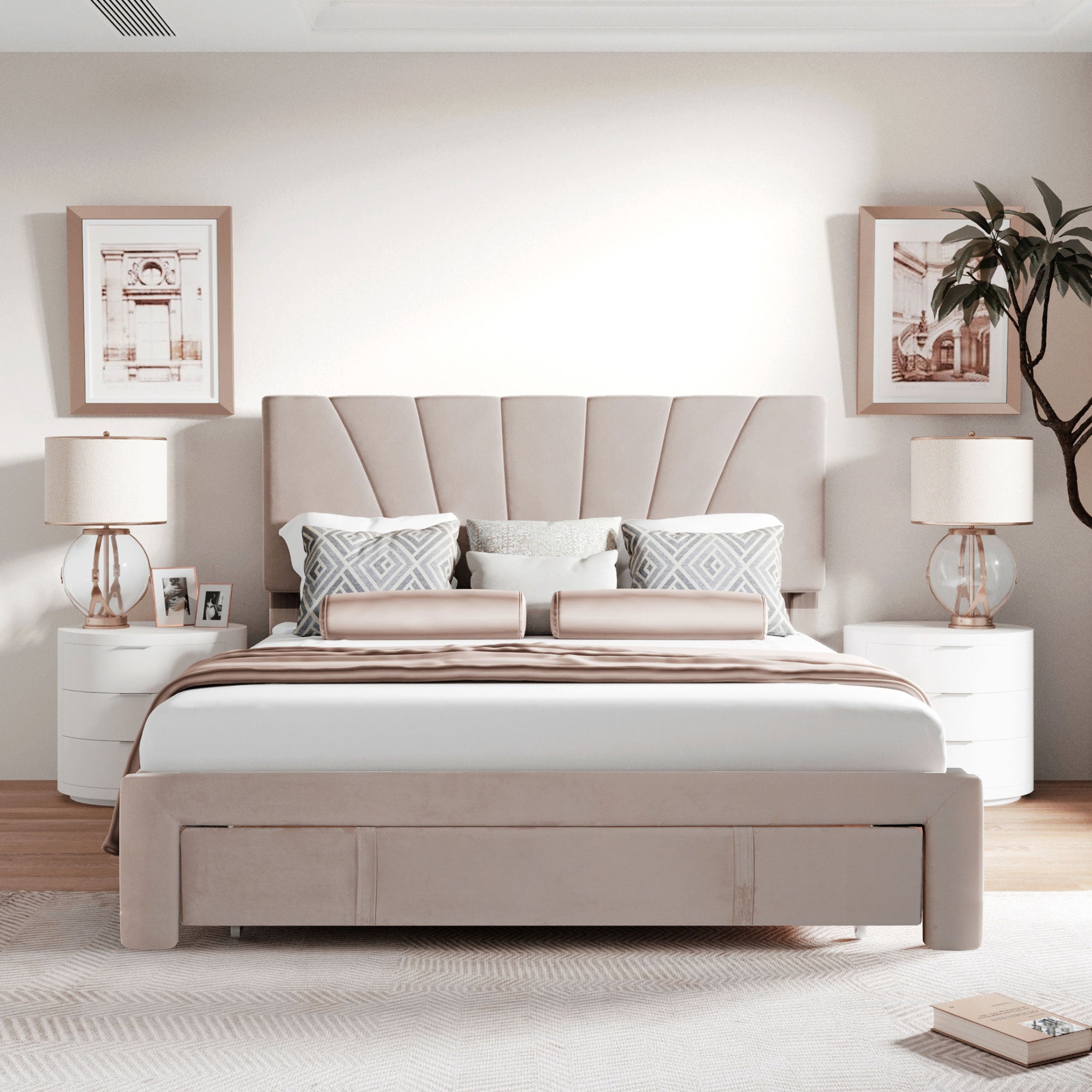 Logidon gestoffeerd bed 140x200 beige fluwelen stof met lattenbodem lade