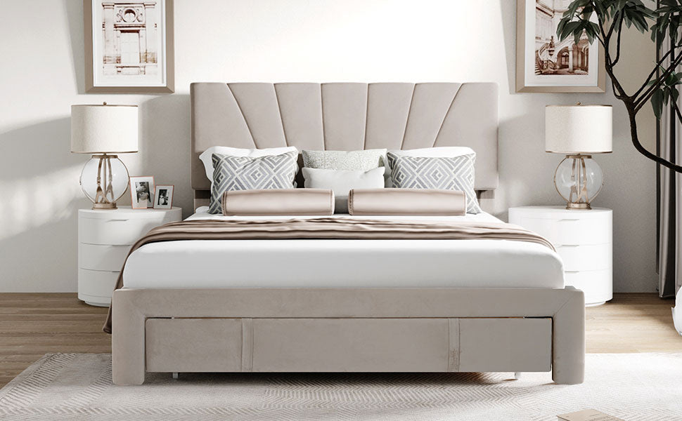Logidon gestoffeerd bed 140x200 beige fluwelen stof met lattenbodem lade