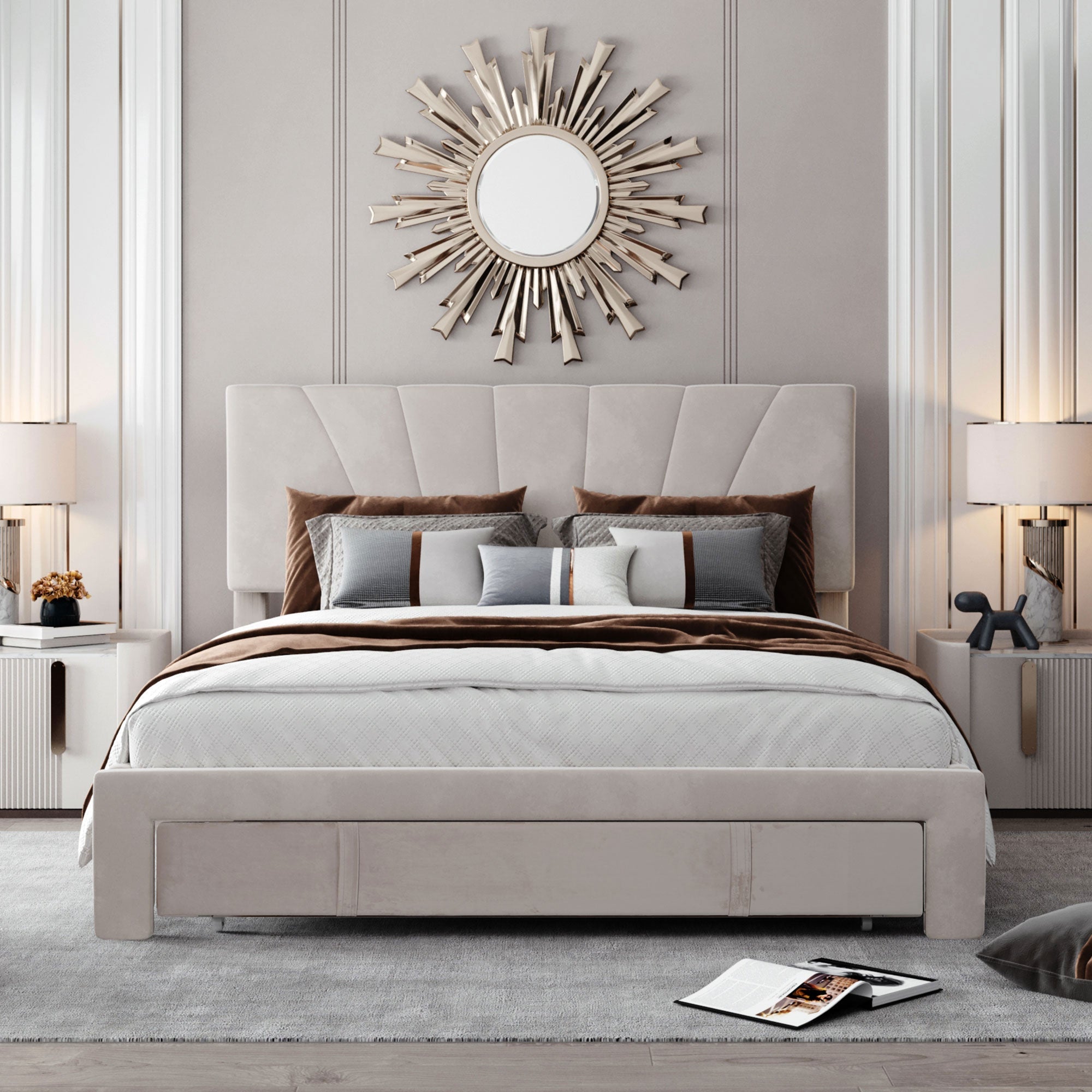 Logidon gestoffeerd bed 140x200 beige fluwelen stof met lattenbodem lade