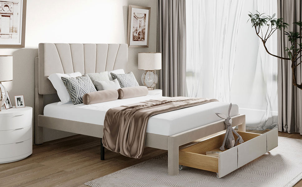 Logidon gestoffeerd bed 140x200 beige fluwelen stof met lattenbodem lade