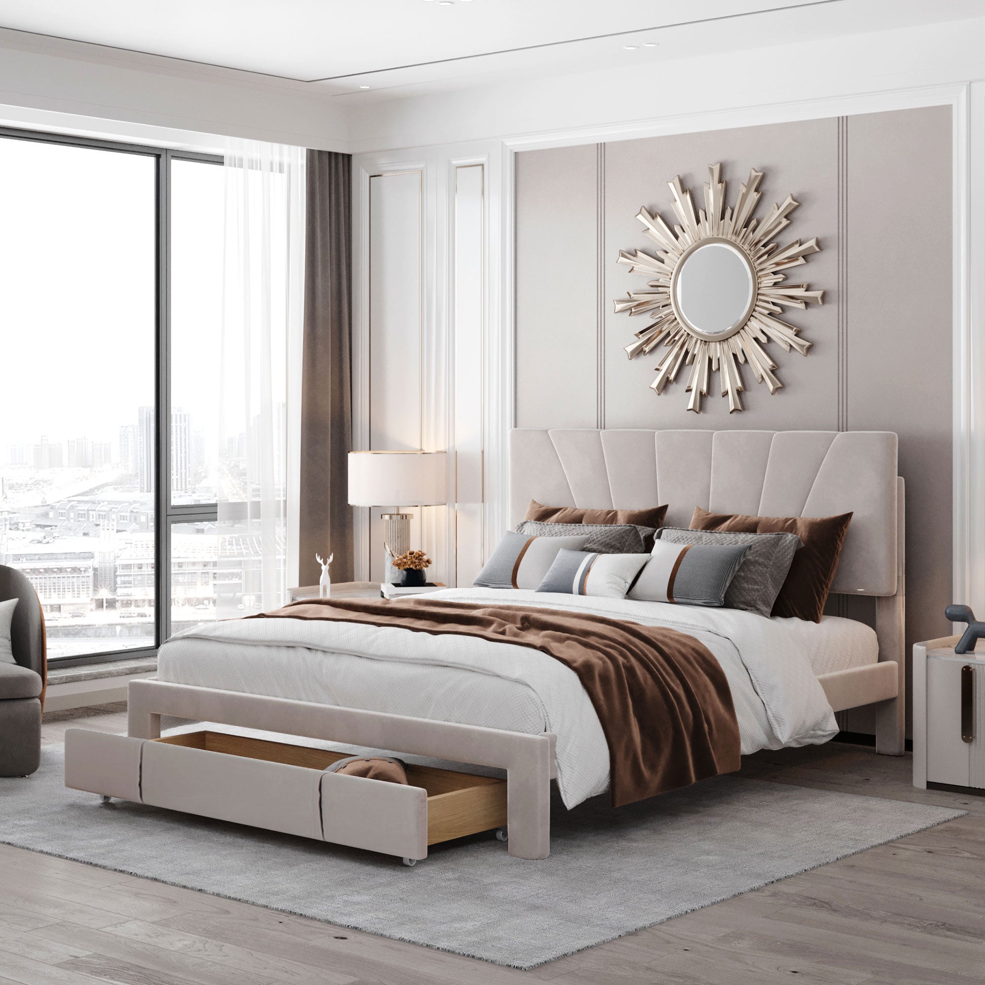 Logidon gestoffeerd bed 140x200 beige fluwelen stof met lattenbodem lade