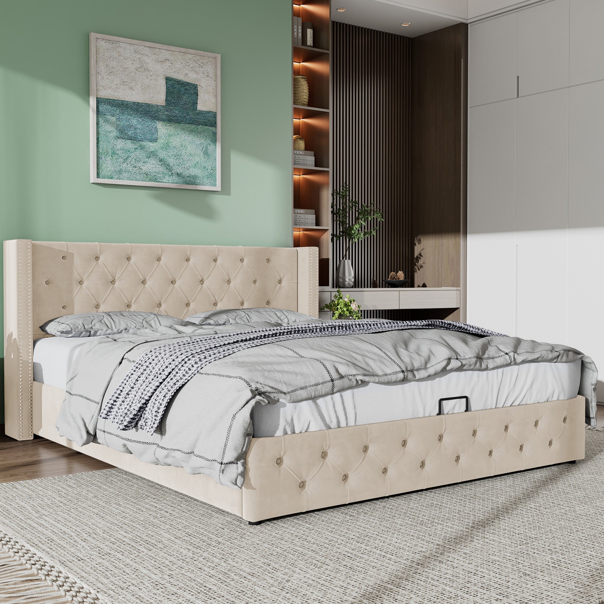 Logidon gestoffeerd bed 140x200 beige fluwelen hoes met opbergruimte