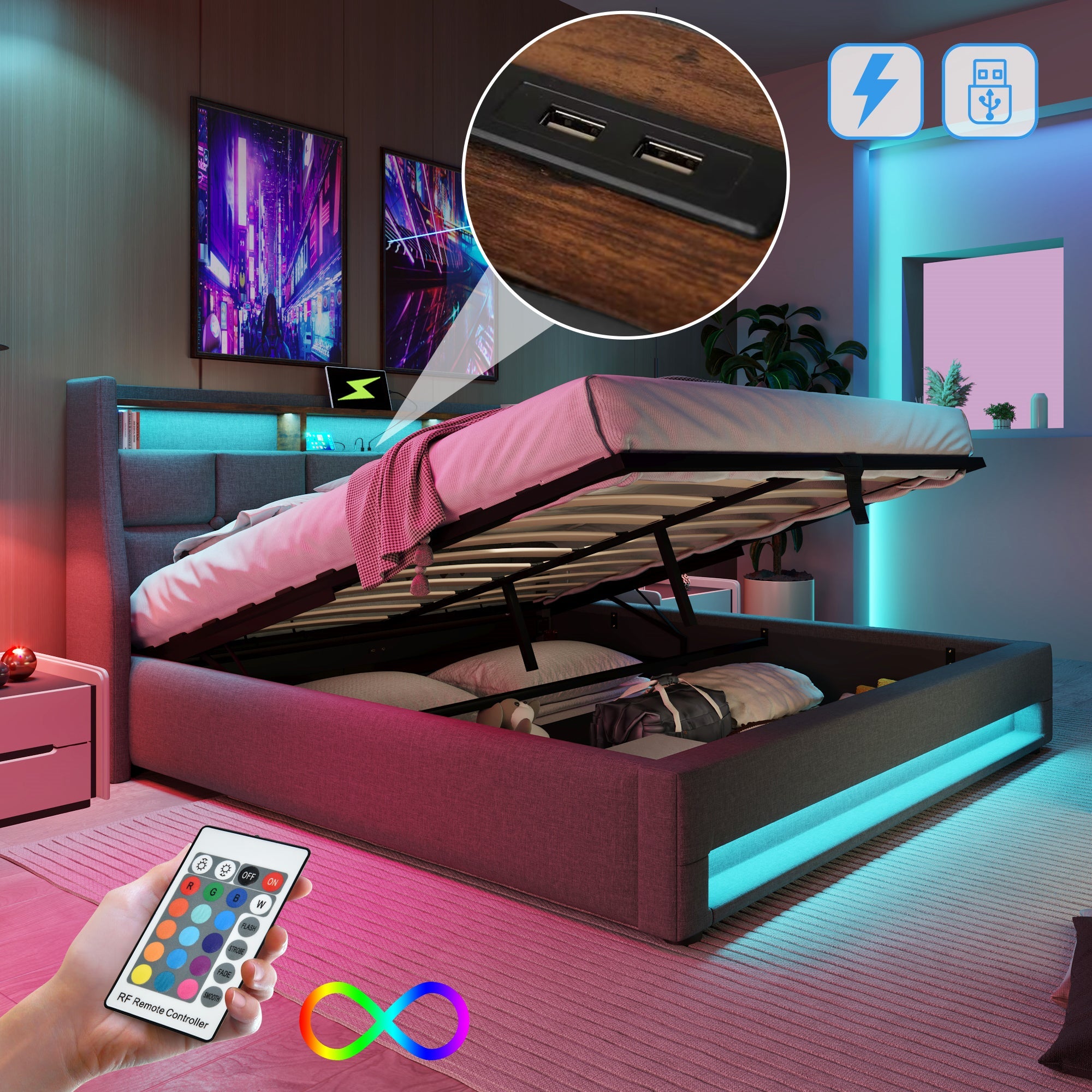 Logidon gestoffeerd bed met USB en LED 180x200 cm grijs linnen