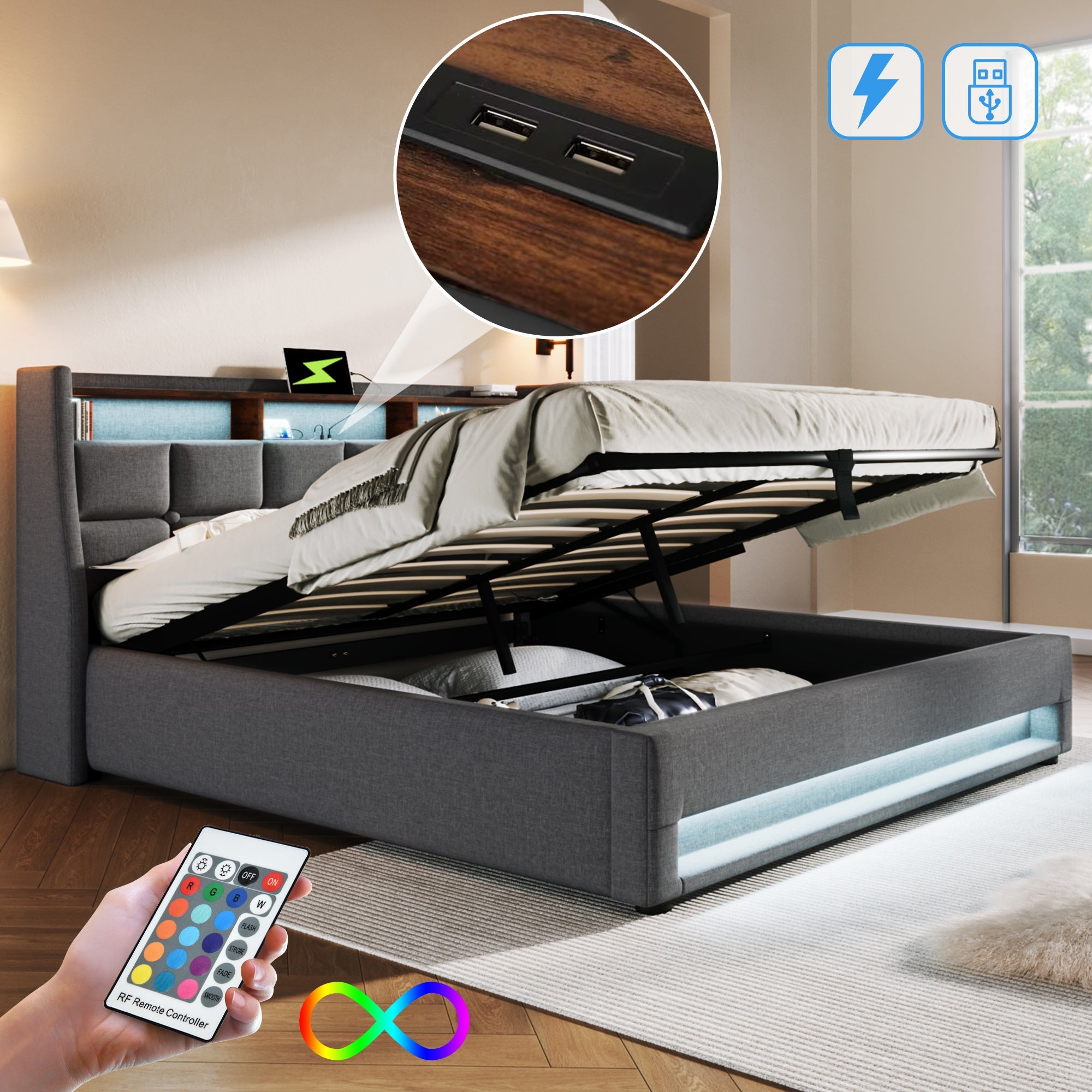 Logidon gestoffeerd bed 140x200 cm grijs met USB en LED-verlichting