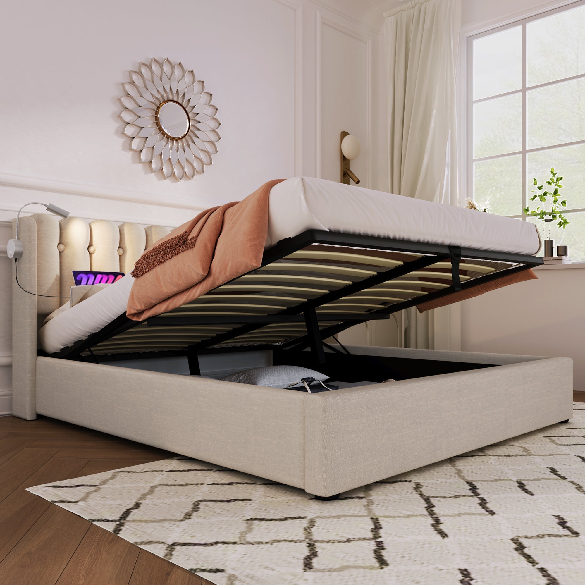 Logidon upholstered bed 140x200 with reading light and USB charging function natural