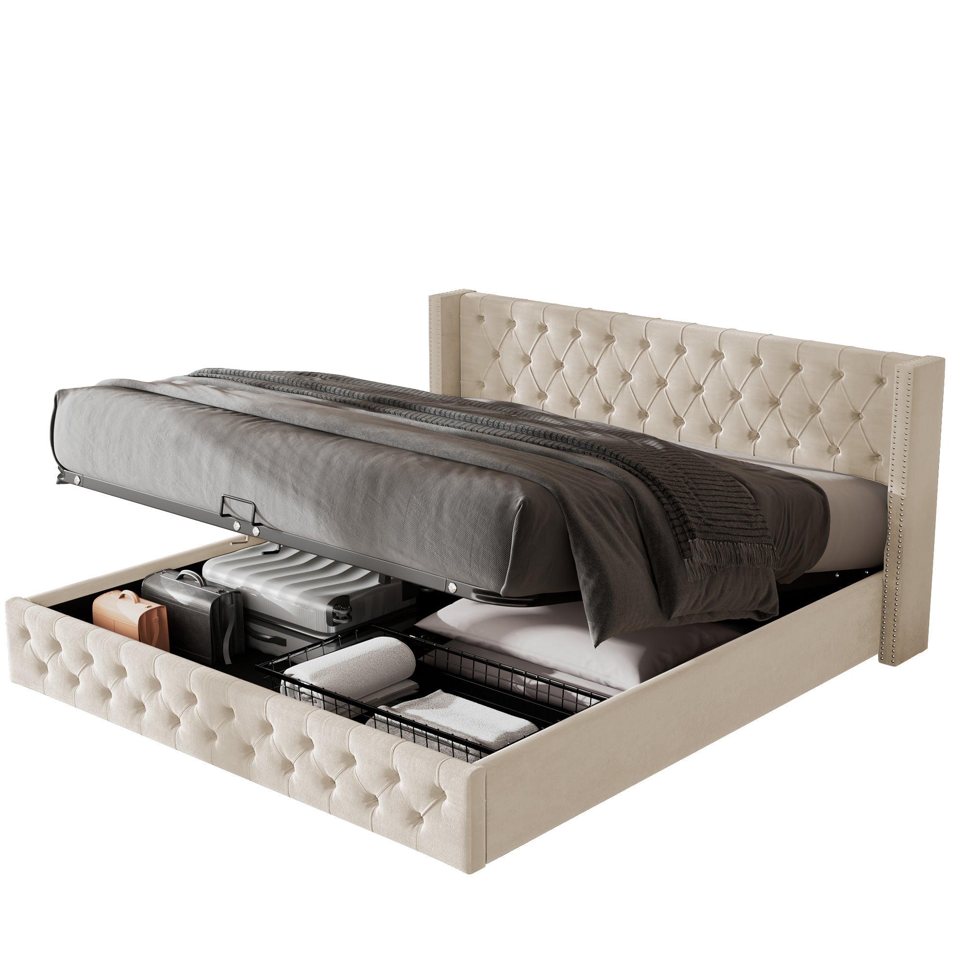 Logidon gestoffeerd bed 140x200 beige fluwelen hoes met opbergruimte