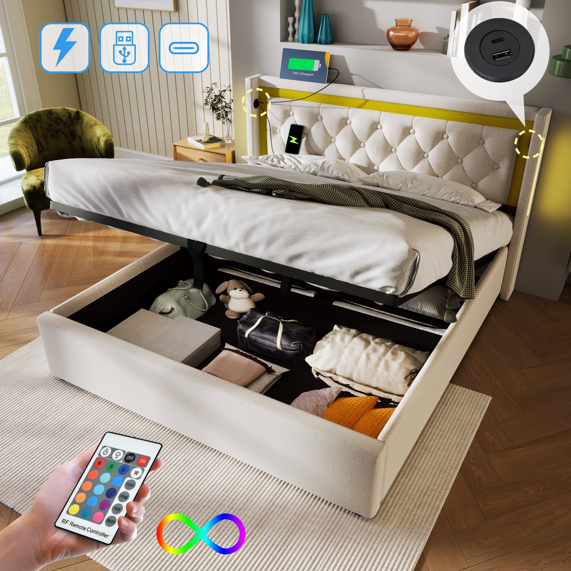Logidon upholstered bed 140x200 Beige Velvet LED storage space USB-C