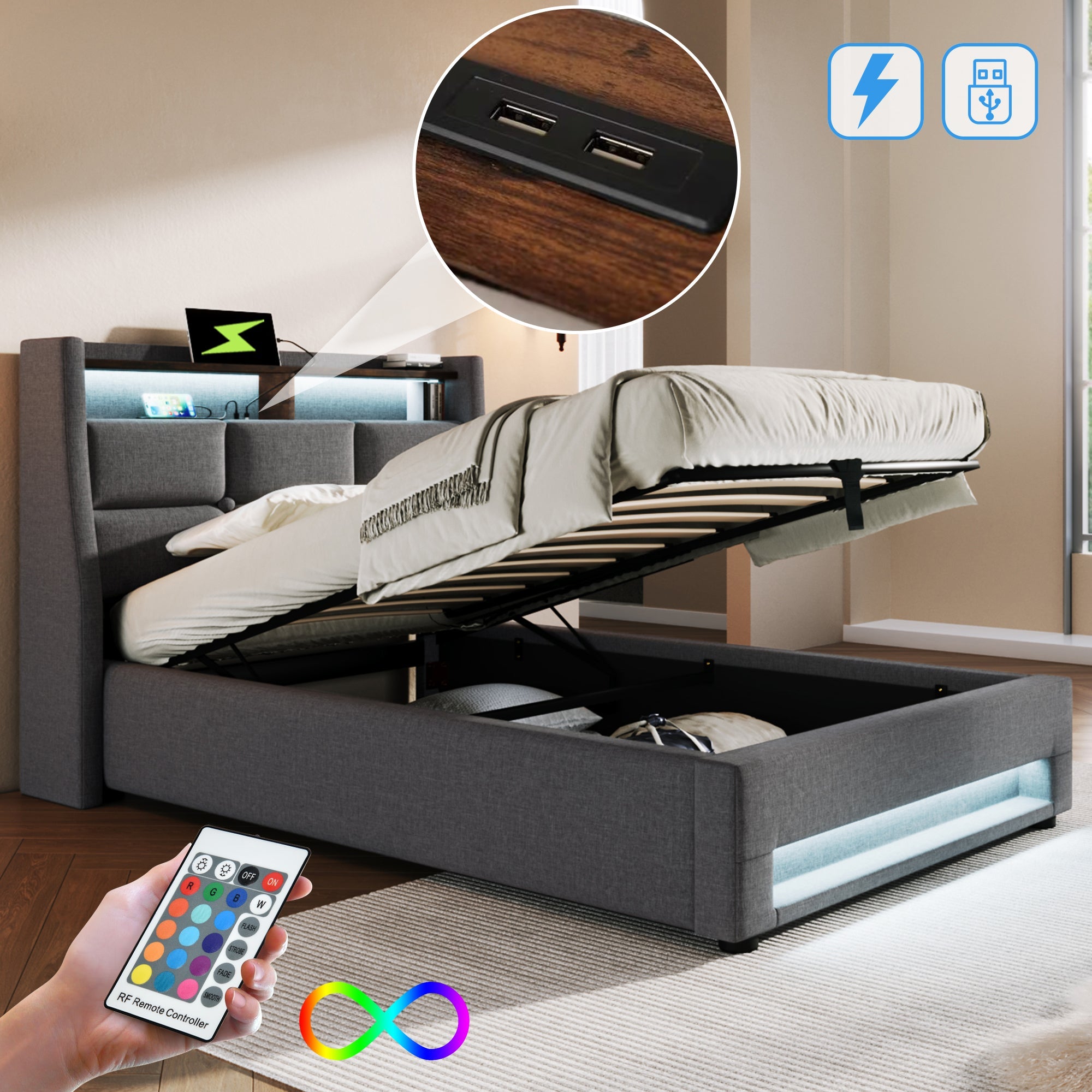 Logidon gestoffeerd bed 90x200 grijs met USB en LED-verlichting